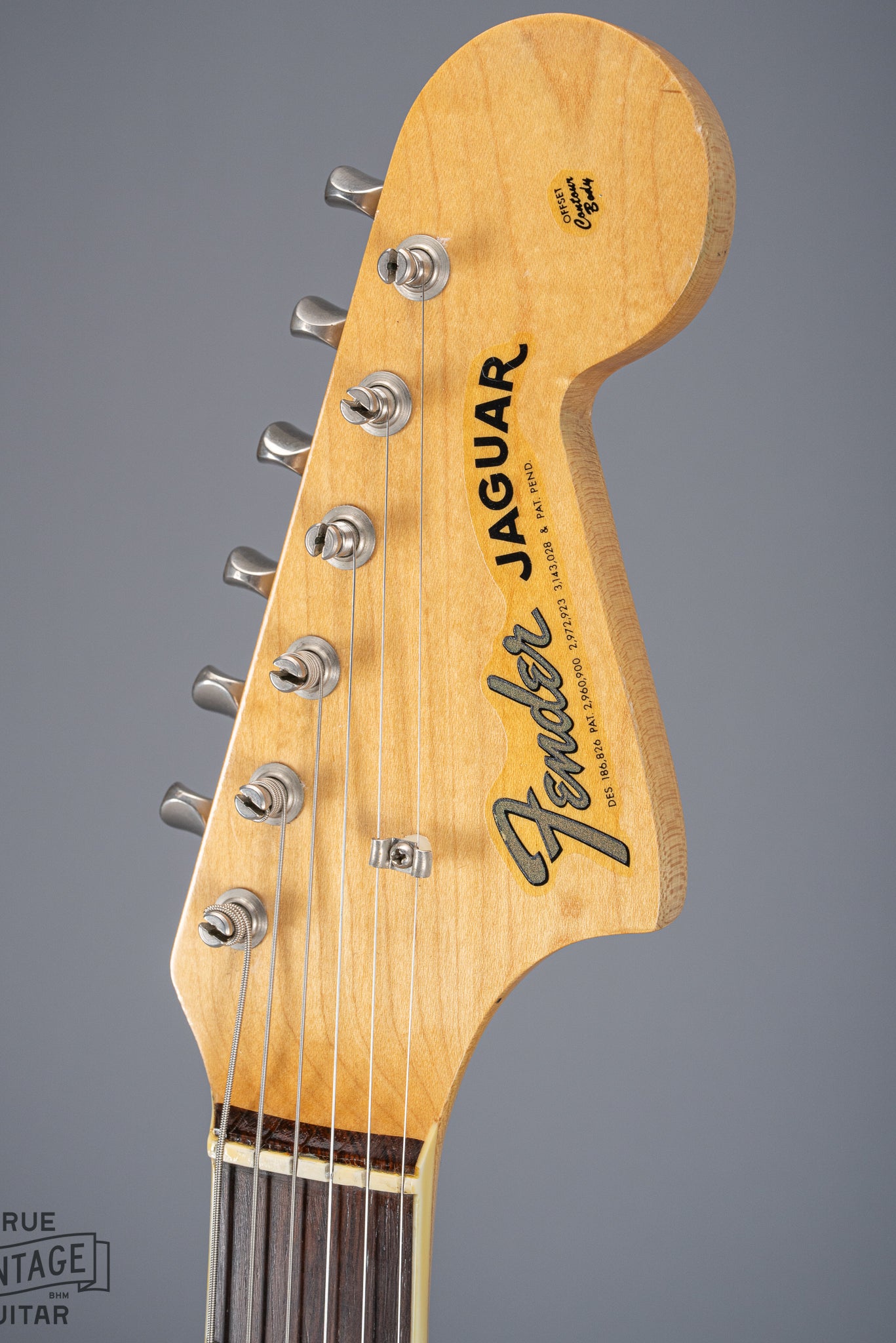 Front of 1965 Fender Jaguar Sunburst Headstock Neck Tuning Machines Binding Pearloid Inlays CBS Fender Jaguar Logo