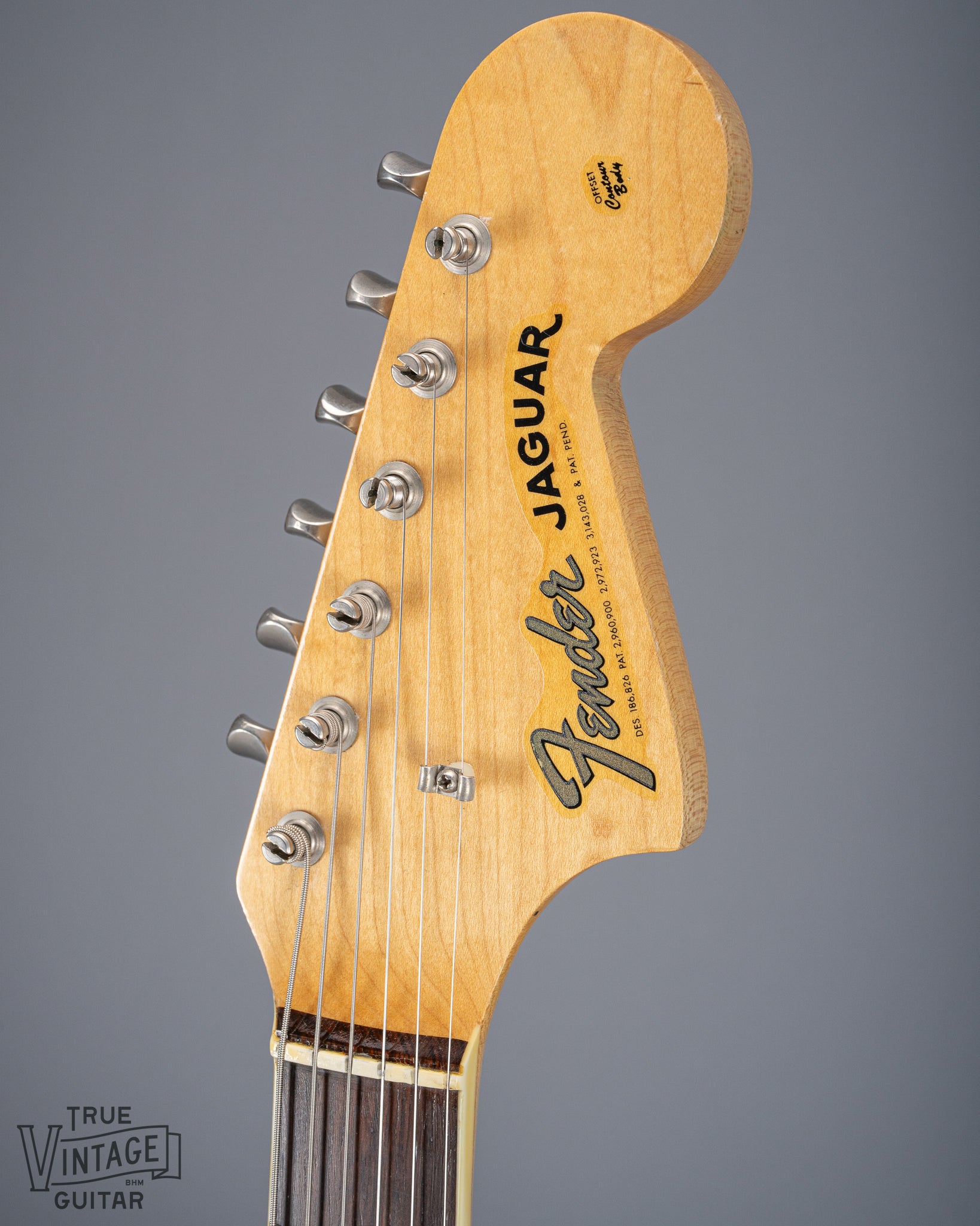 Front of 1965 Fender Jaguar Sunburst Headstock Neck Tuning Machines Binding Pearloid Inlays CBS Fender Jaguar Logo