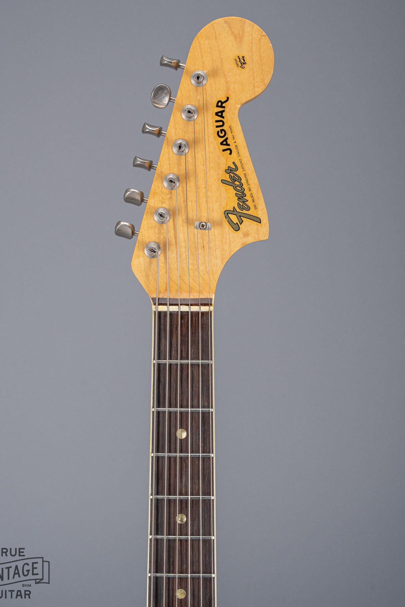 Front of 1965 Fender Jaguar Sunburst Headstock Neck Tuning Machines Binding Pearloid Inlays CBS Fender Jaguar Logo