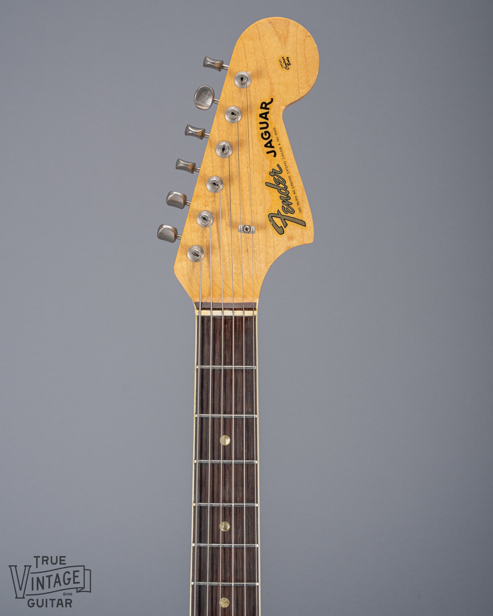 Front of 1965 Fender Jaguar Sunburst Headstock Neck Tuning Machines Binding Pearloid Inlays CBS Fender Jaguar Logo
