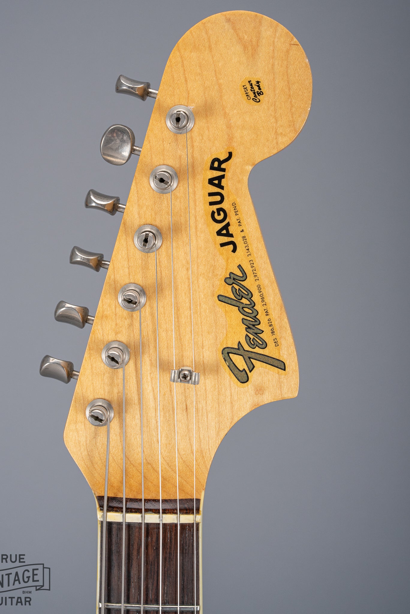 Front of 1965 Fender Jaguar Sunburst Headstock Neck Tuning Machines Binding Pearloid Inlays CBS Fender Jaguar Logo