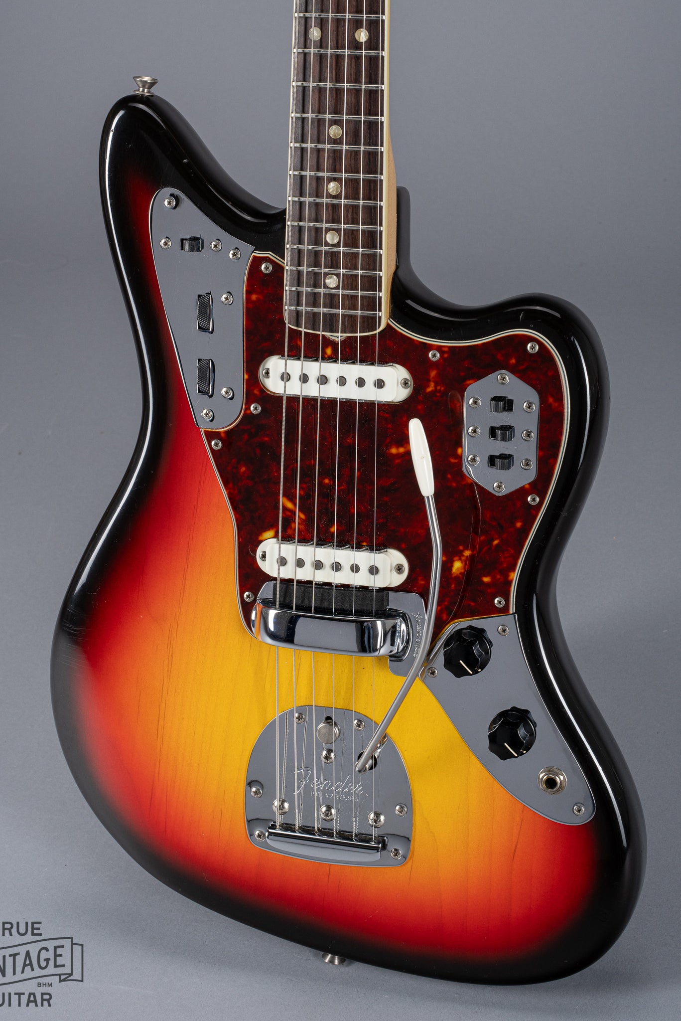 Front of 1965 Fender Jaguar Sunburst Pickups Fretboard Binding Tortoise Shell Pick Guard Tremelo System Bridge Cover Pearloid Inlays