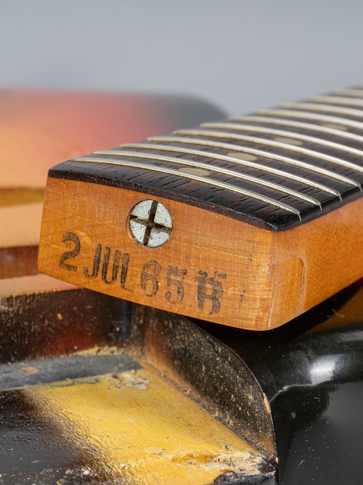 1965 Fender Stratocaster sunburst guitar neck heel date and truss rod