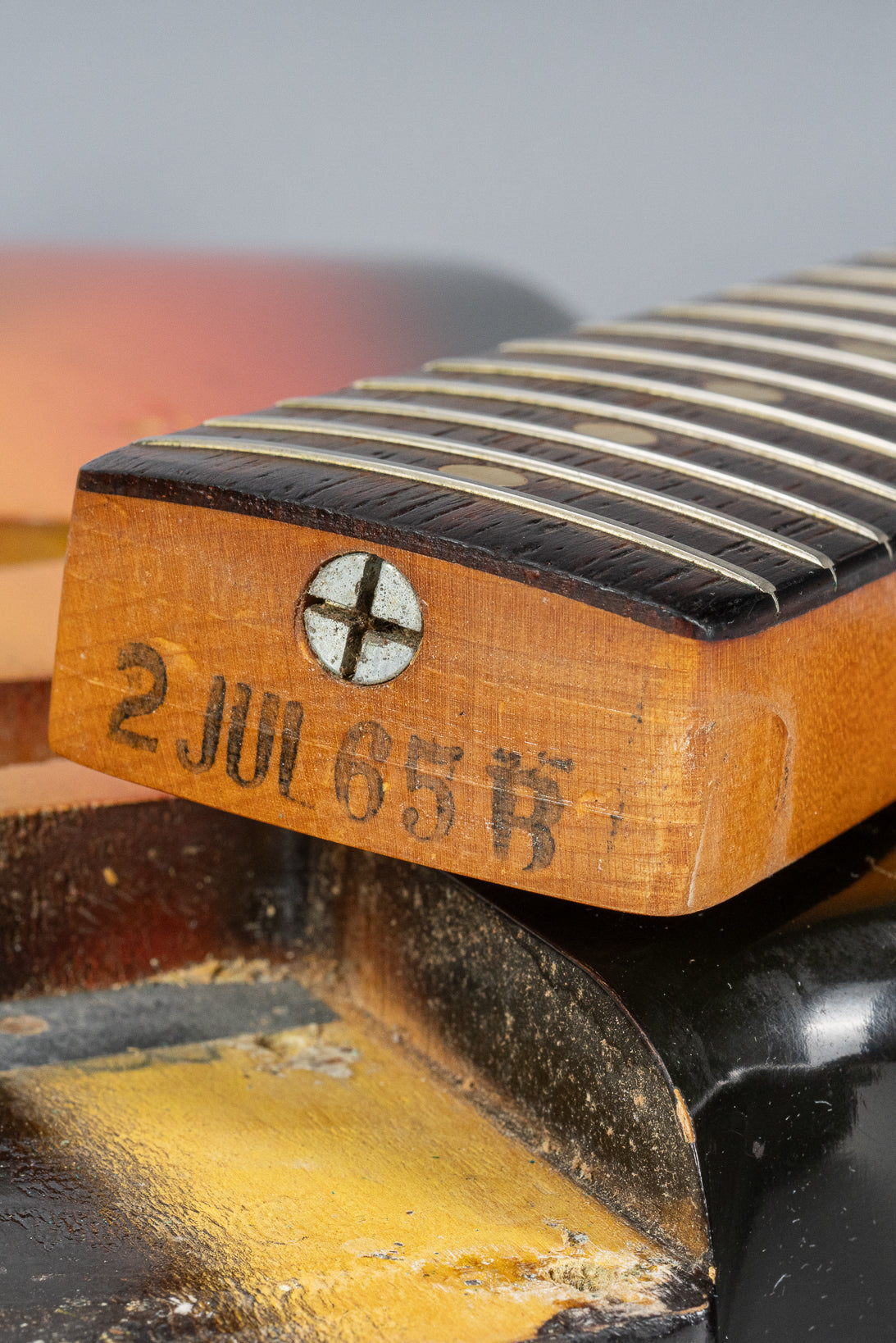 1965 Fender Stratocaster sunburst guitar neck heel date and truss rod