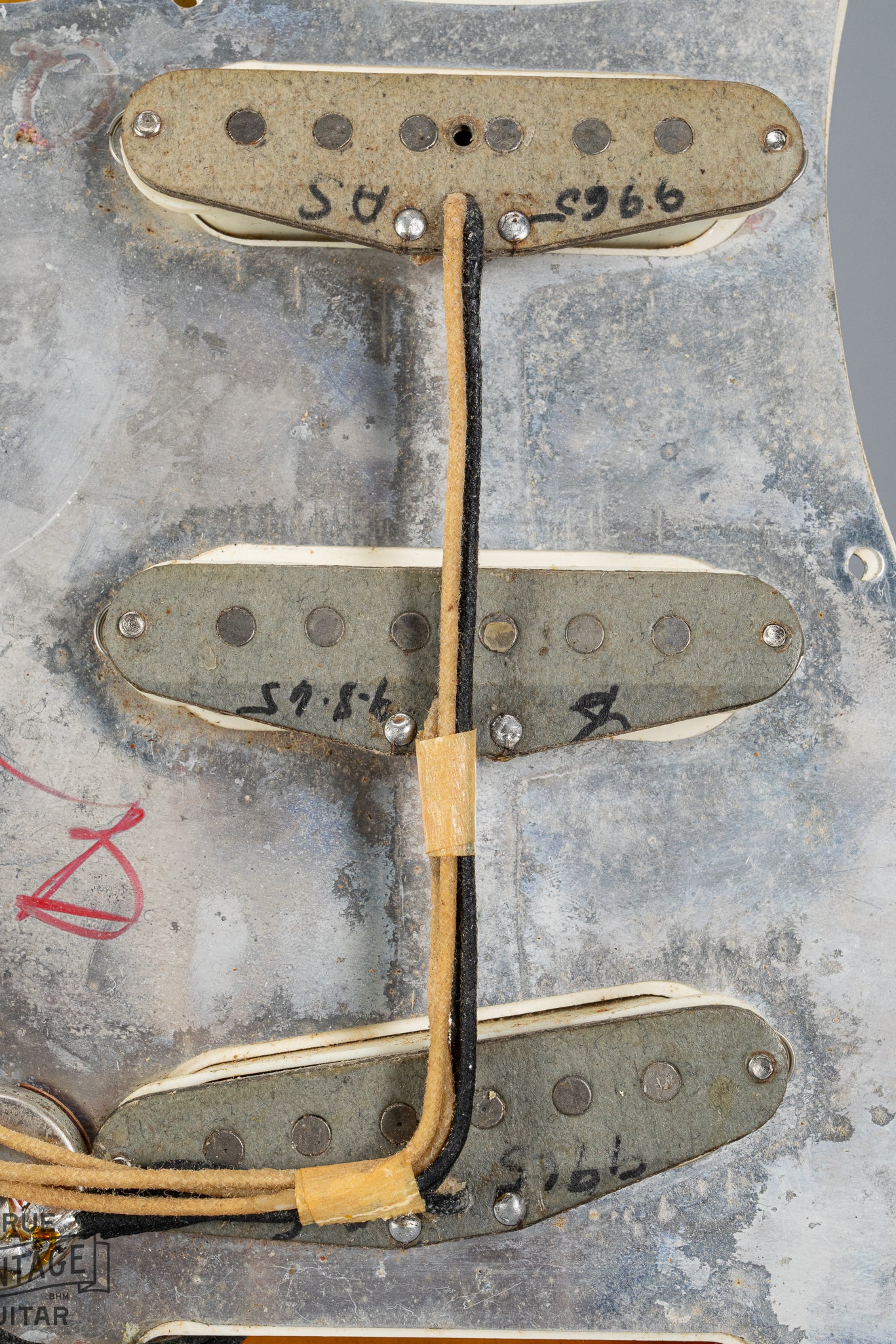 1965 Fender Stratocaster Sunburst under the pickguard pickups wiring electronics