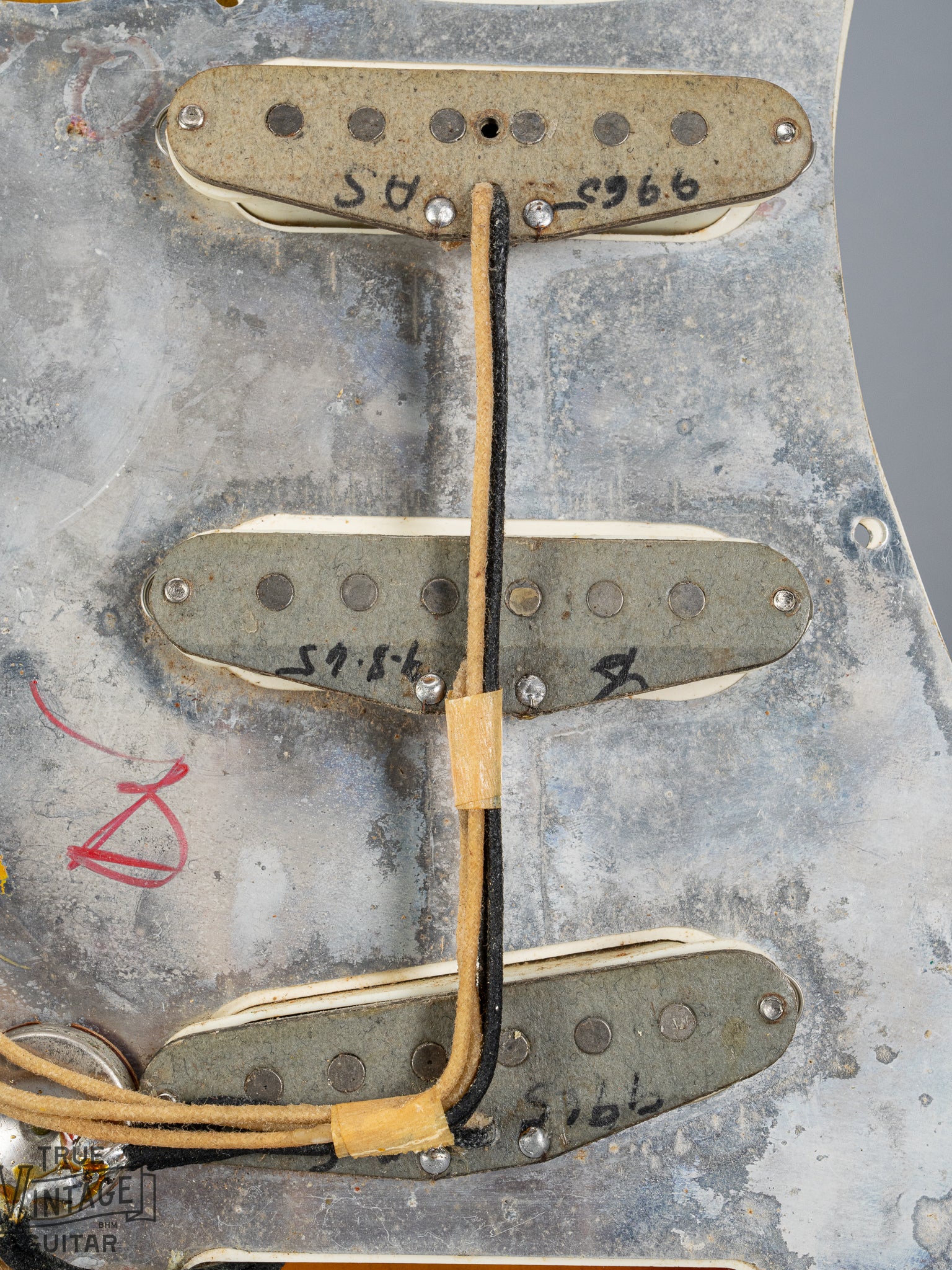 1965 Fender Stratocaster Sunburst under the pickguard pickups wiring electronics