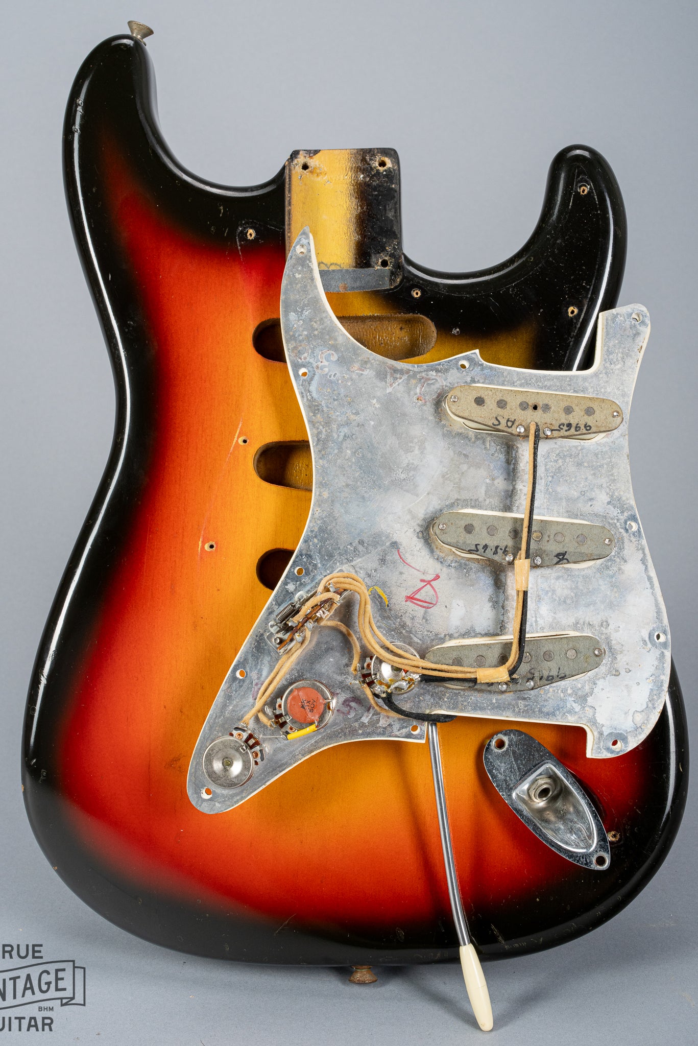1965 Fender Stratocaster Sunburst under the pickguard pickups wiring electronics pots