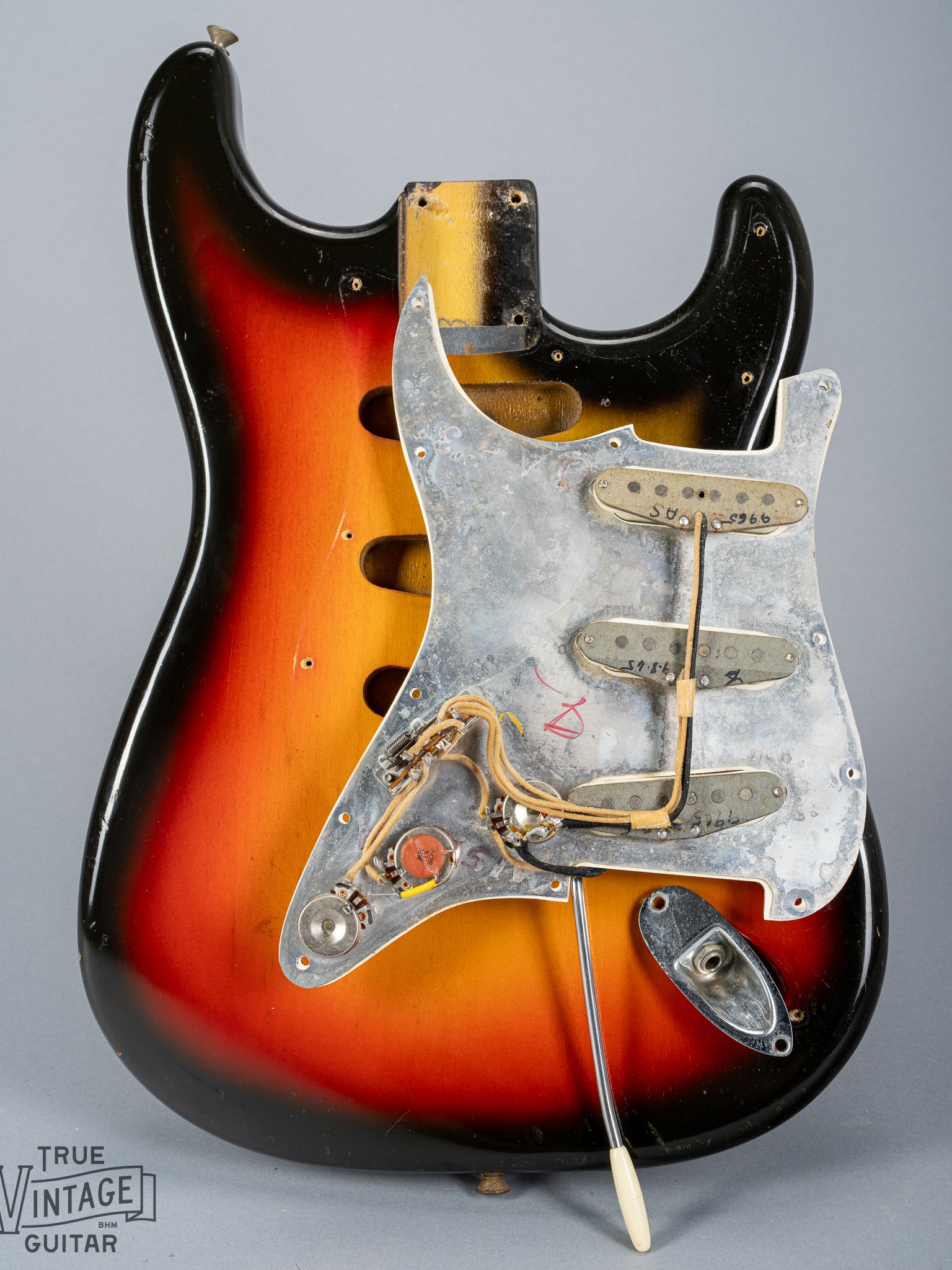 1965 Fender Stratocaster Sunburst under the pickguard pickups wiring electronics pots