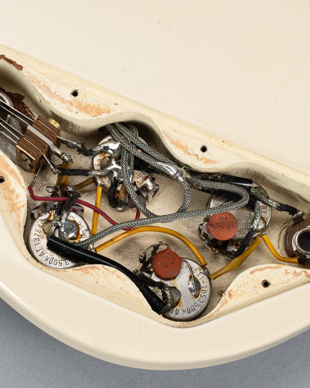 1965 Gibson SG Custom white guitar control cavity volume and tone pots and wiring and electronics