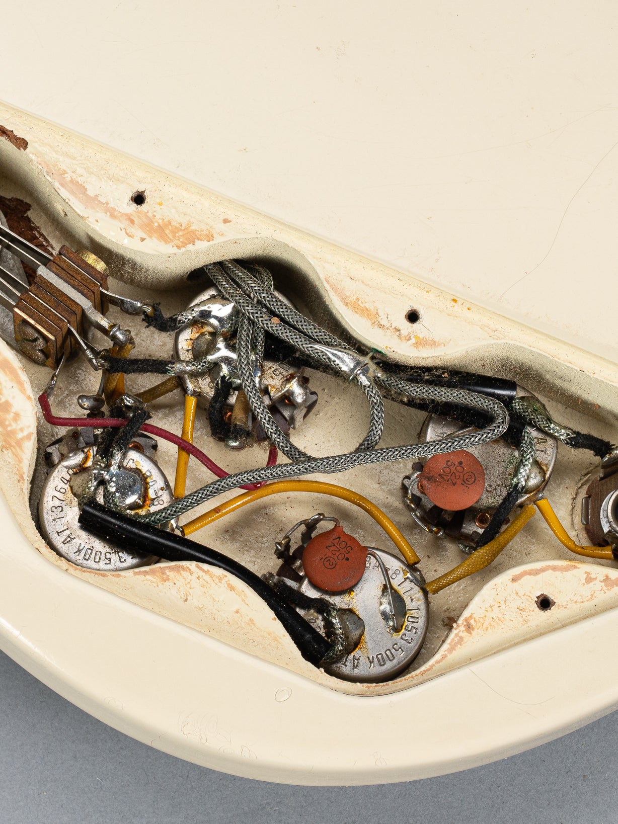 1965 Gibson SG Custom white guitar control cavity volume and tone pots and wiring and electronics