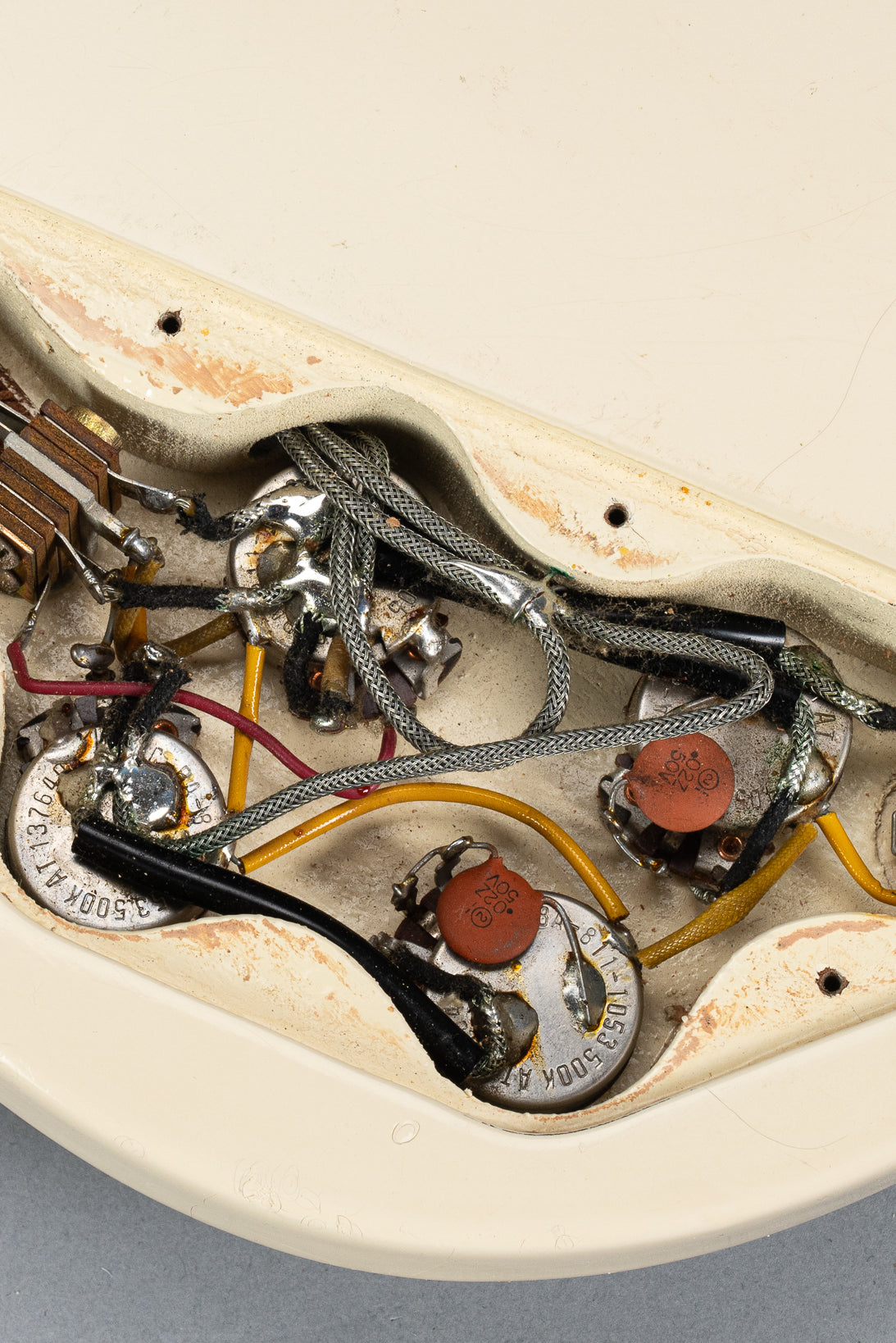 1965 Gibson SG Custom white guitar control cavity volume and tone pots and wiring and electronics