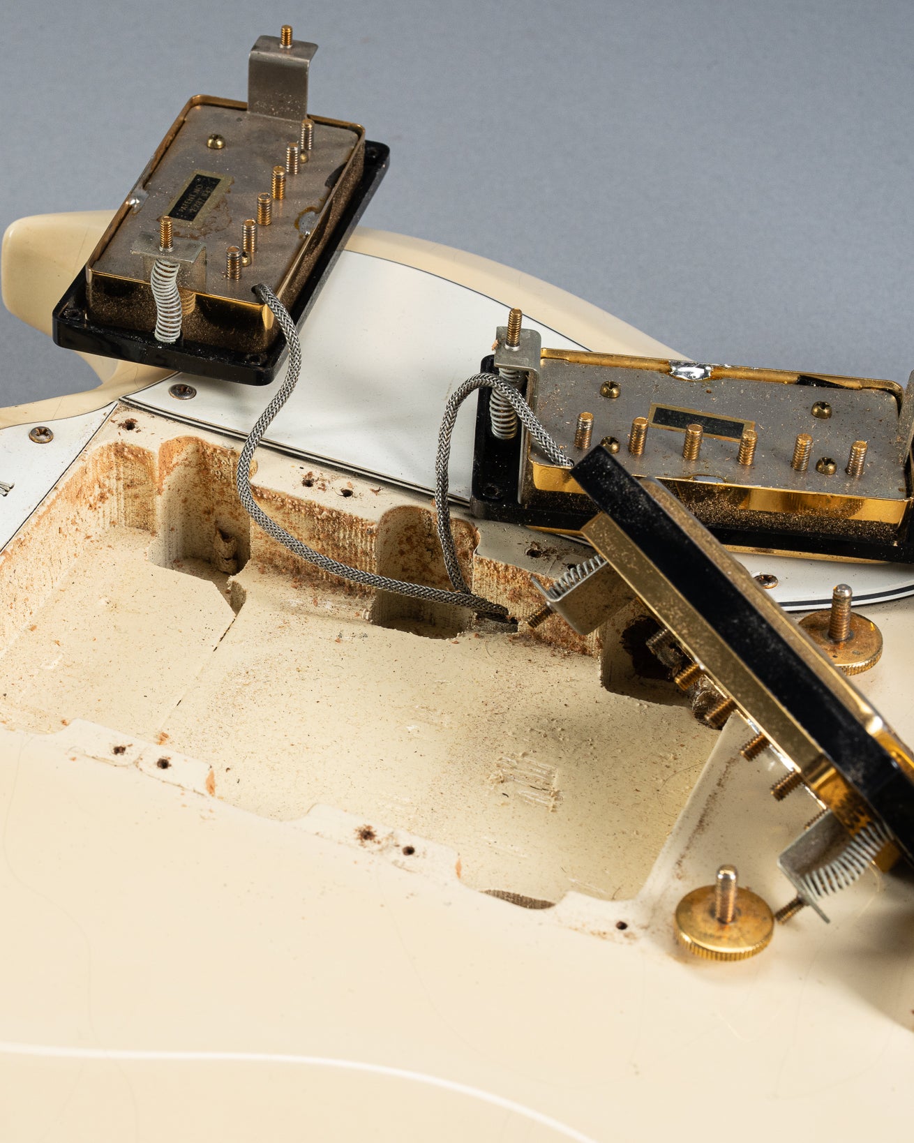 1965 Gibson SG Custom white guitar three humbucker pickups cavity and screw holes