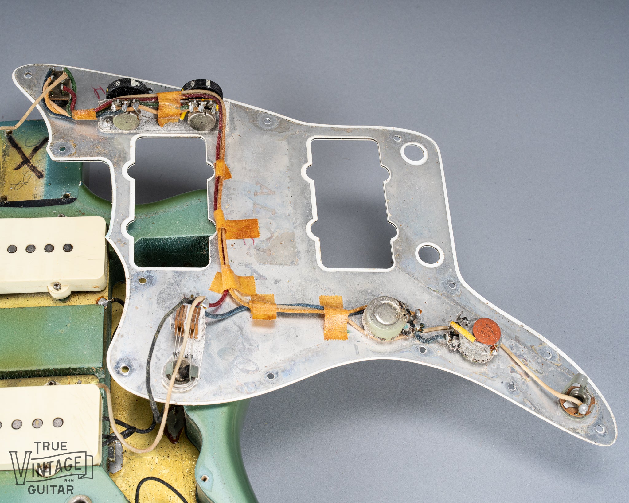 1966 Fender Jazzmaster Blue Ice Metallic Custom Color Guitar interior cavity electronics and wiring
