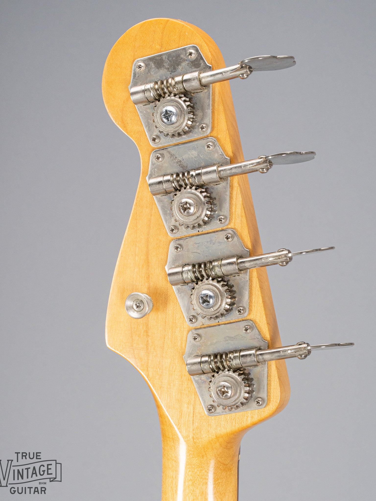 Back of 1966 Fender Precision Bass Blond bass guitar headstock and tuners