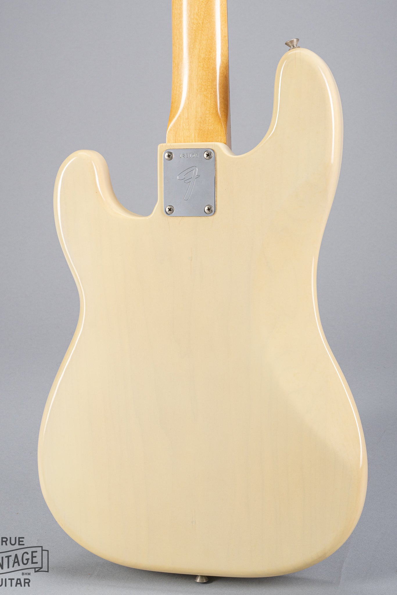 Back of 1966 Fender Precision Bass Blond bass guitar body neck plate