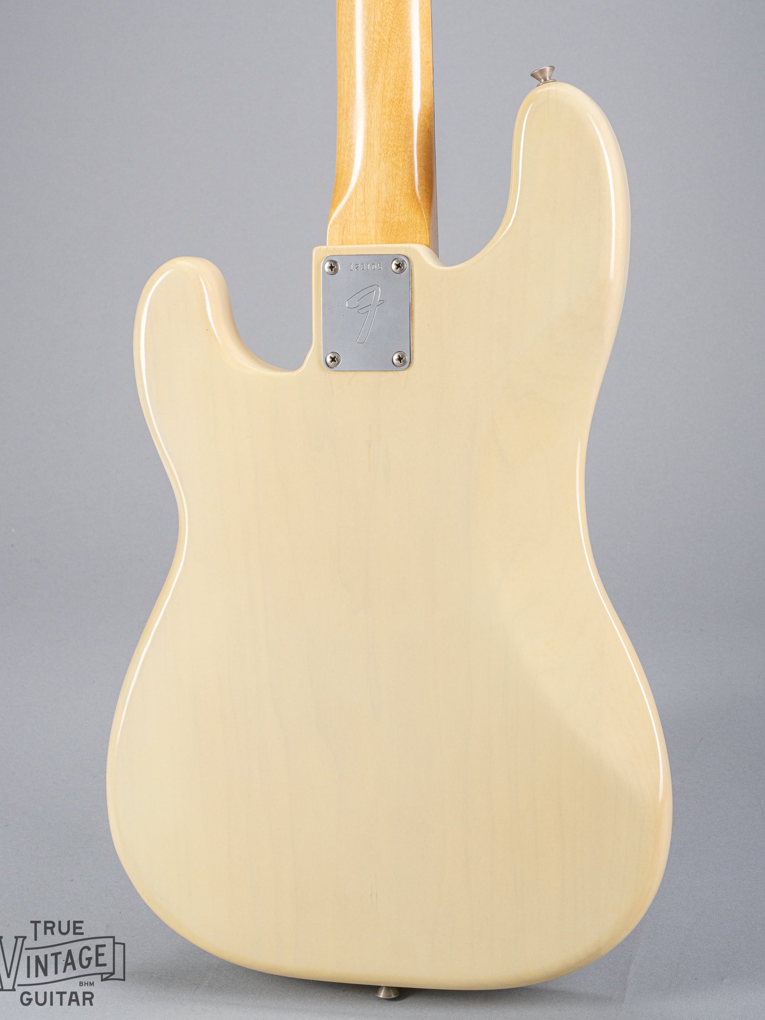 Back of 1966 Fender Precision Bass Blond bass guitar body neck plate