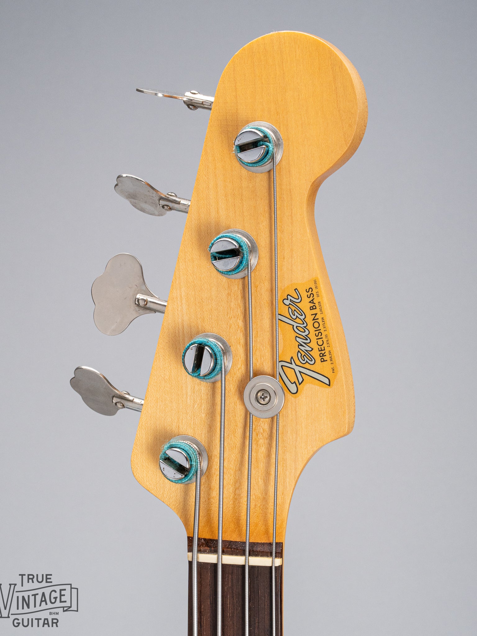 front of 1966 Fender Precision Bass Blond bass guitar headstock Fender logo Tuners original strings