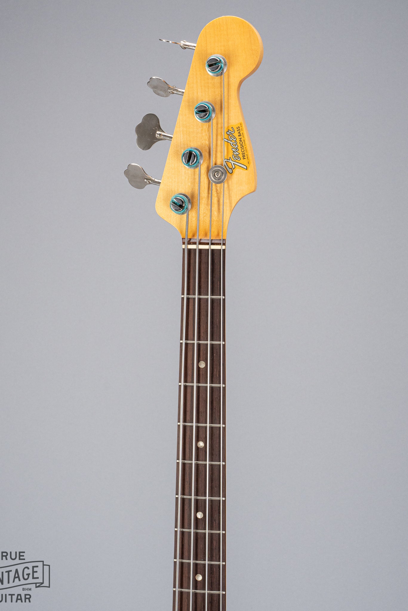 front of 1966 Fender Precision Bass Blond bass guitar neck headstock fretboard original strings