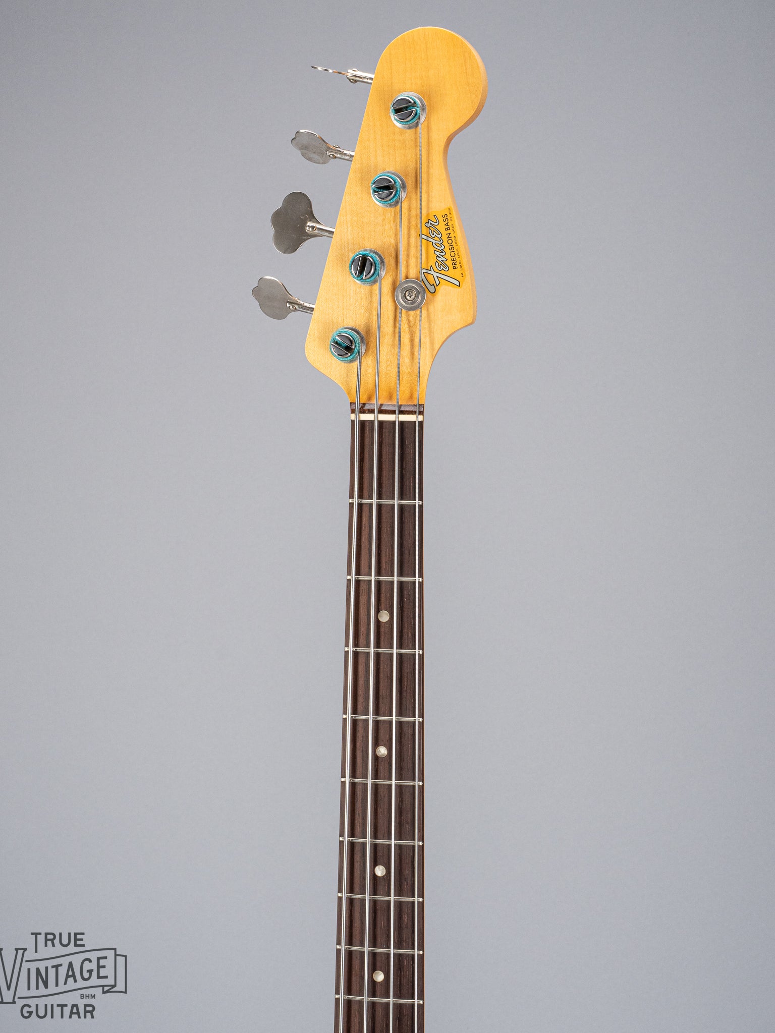 front of 1966 Fender Precision Bass Blond bass guitar neck headstock fretboard original strings
