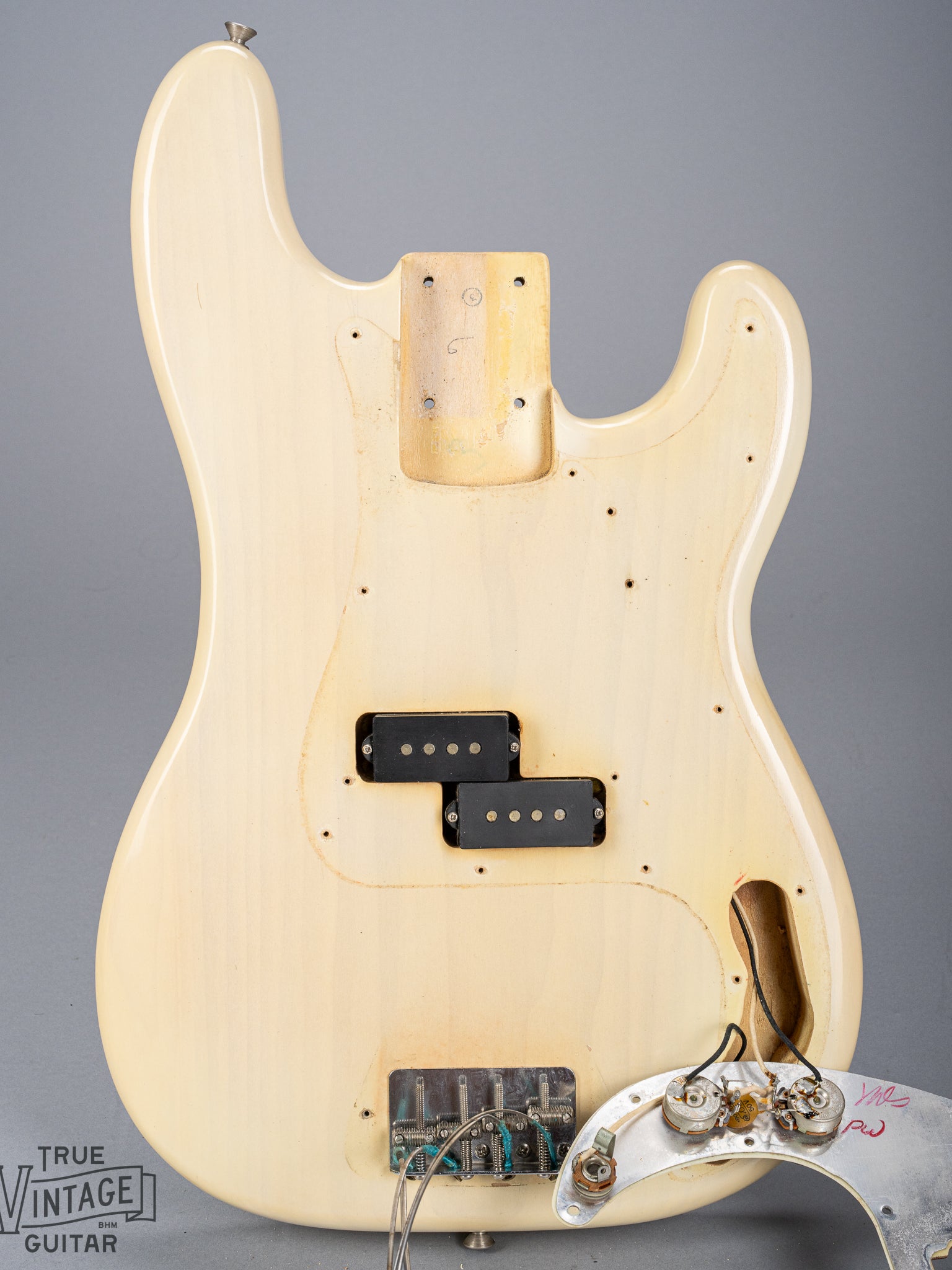 1966 Fender Precision Bass Blond interior screw holes control cavity neck pocket pickups bridge