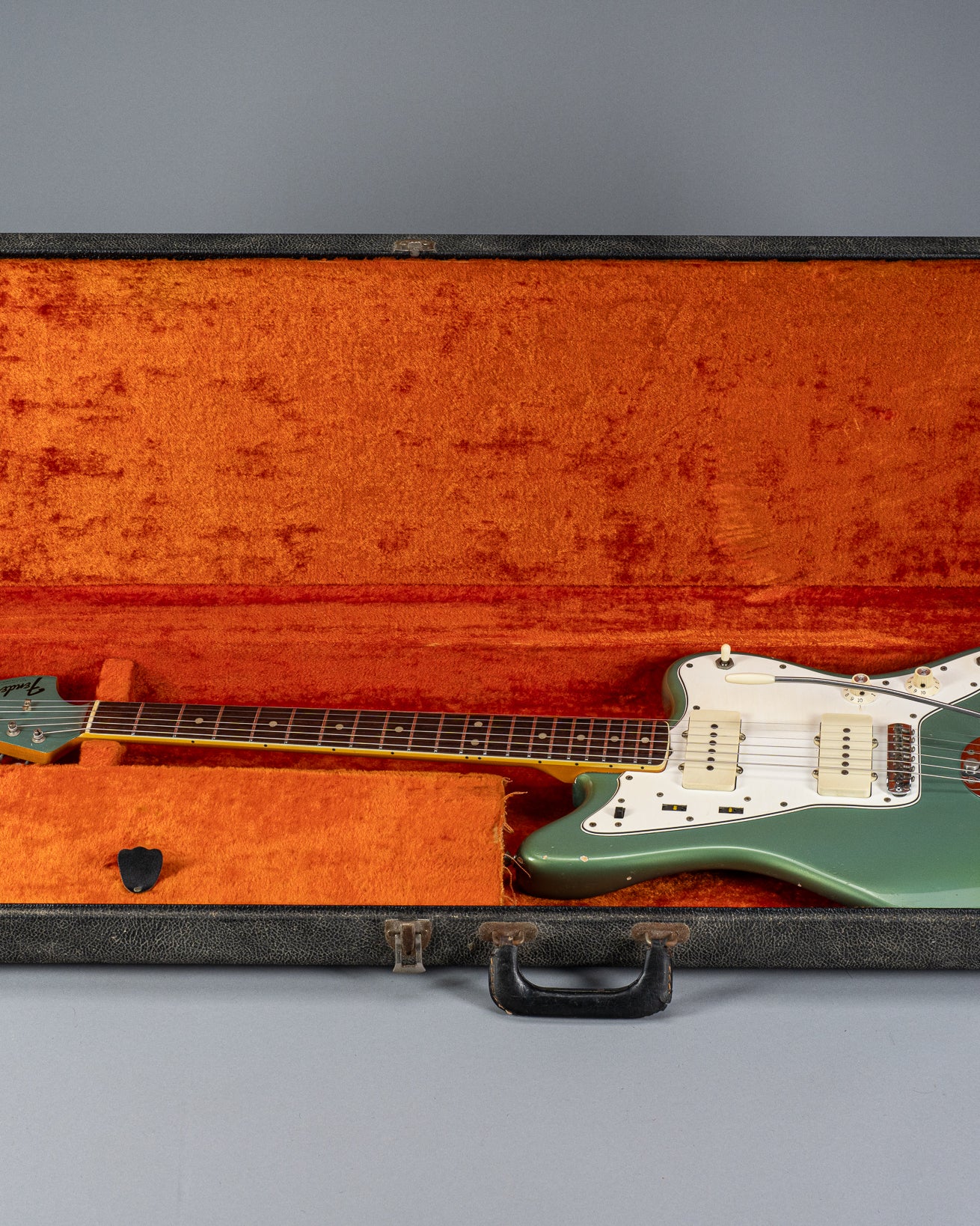 Front of 1966 Fender Jazzmaster Blue Ice Metallic Custom Color Guitar in original case