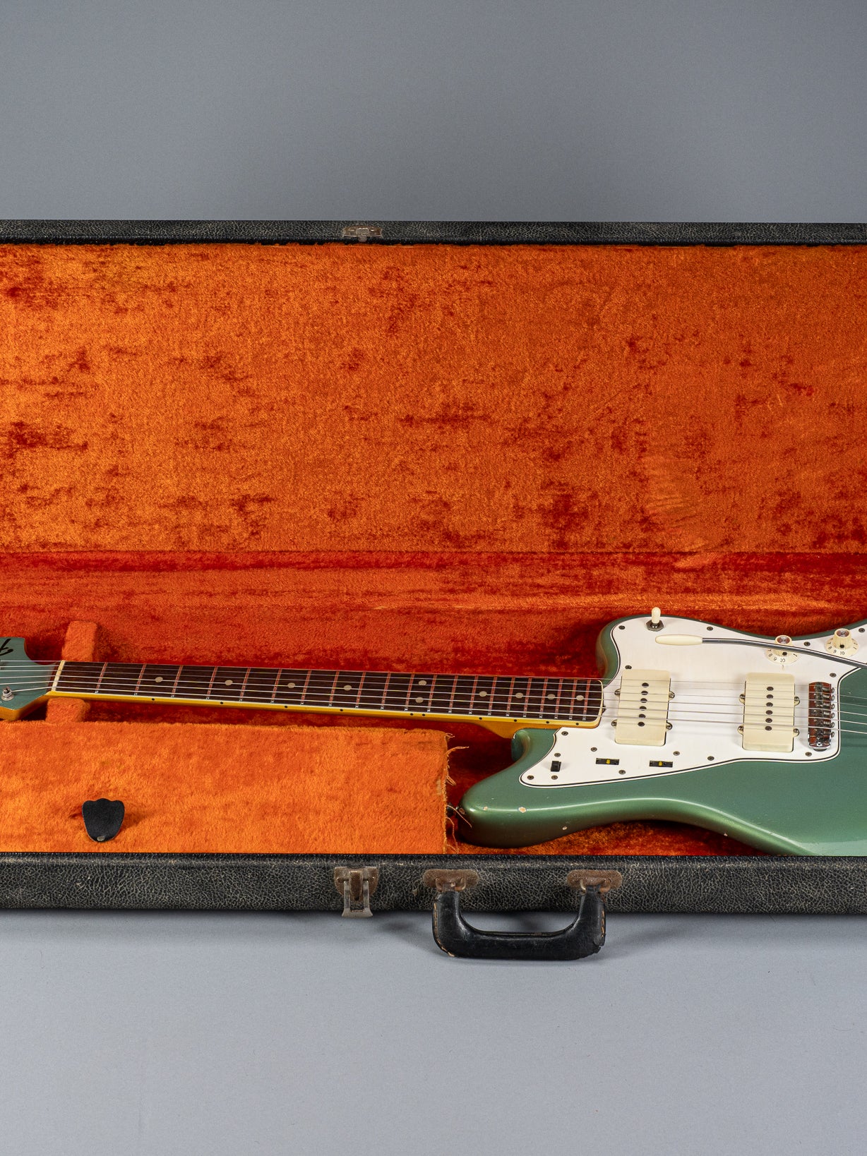 Front of 1966 Fender Jazzmaster Blue Ice Metallic Custom Color Guitar in original case