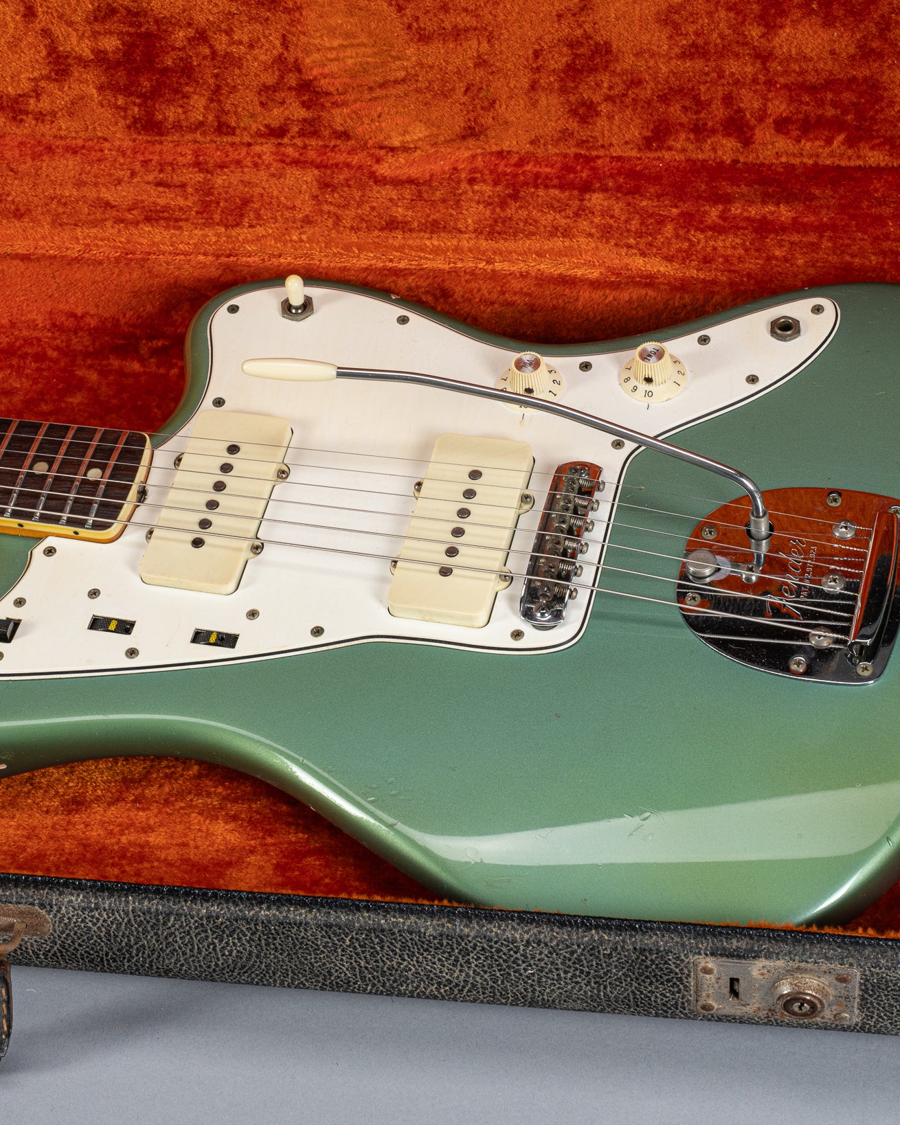 Front of 1966 Fender Jazzmaster Blue Ice Metallic Custom Color Guitar in original case