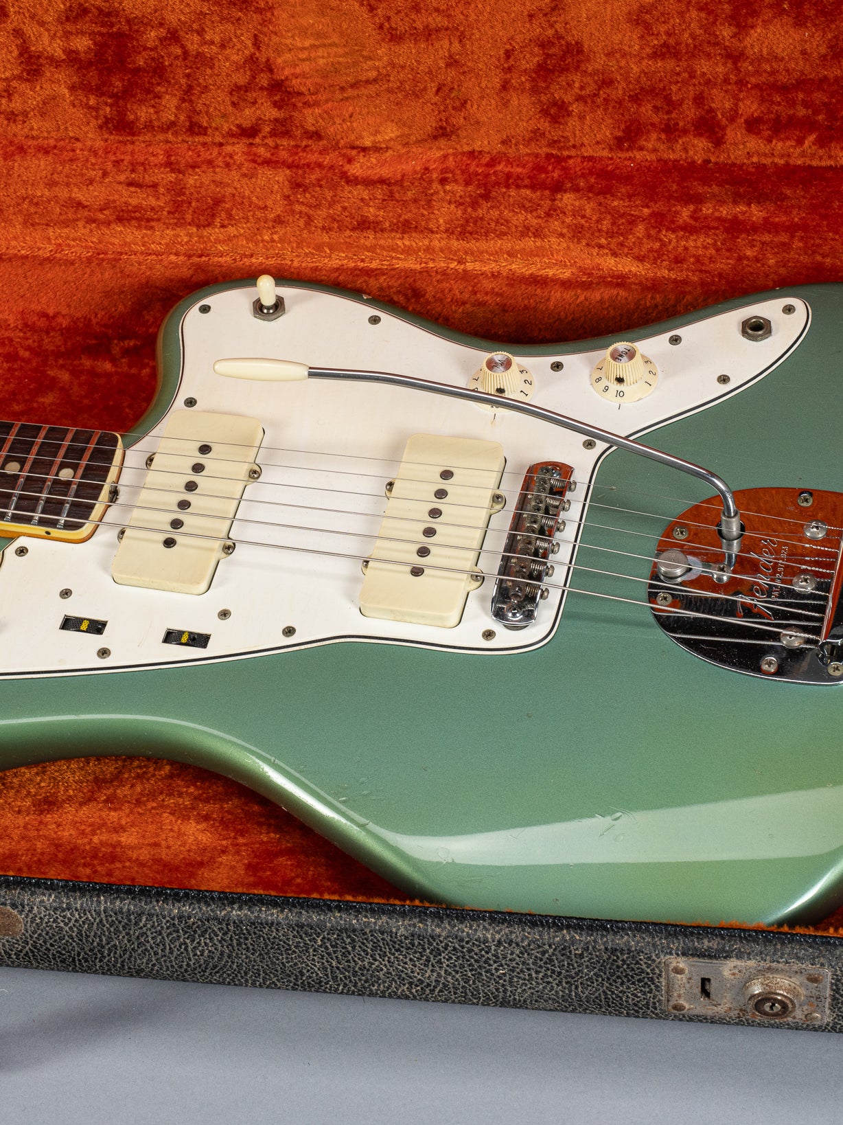 Front of 1966 Fender Jazzmaster Blue Ice Metallic Custom Color Guitar in original case