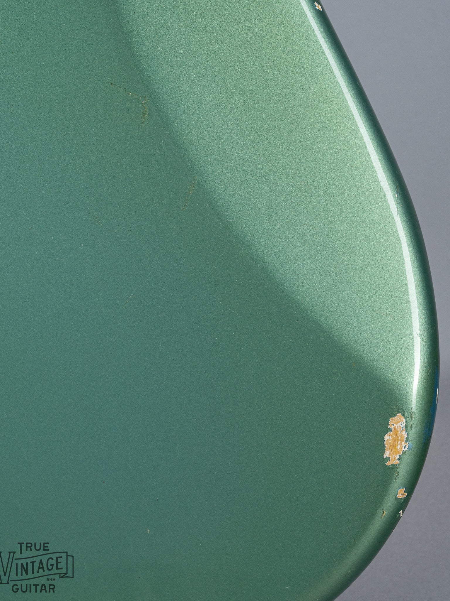 back of 1966 Fender Jazzmaster Blue Ice Metallic Custom Color Guitar contour finish wear