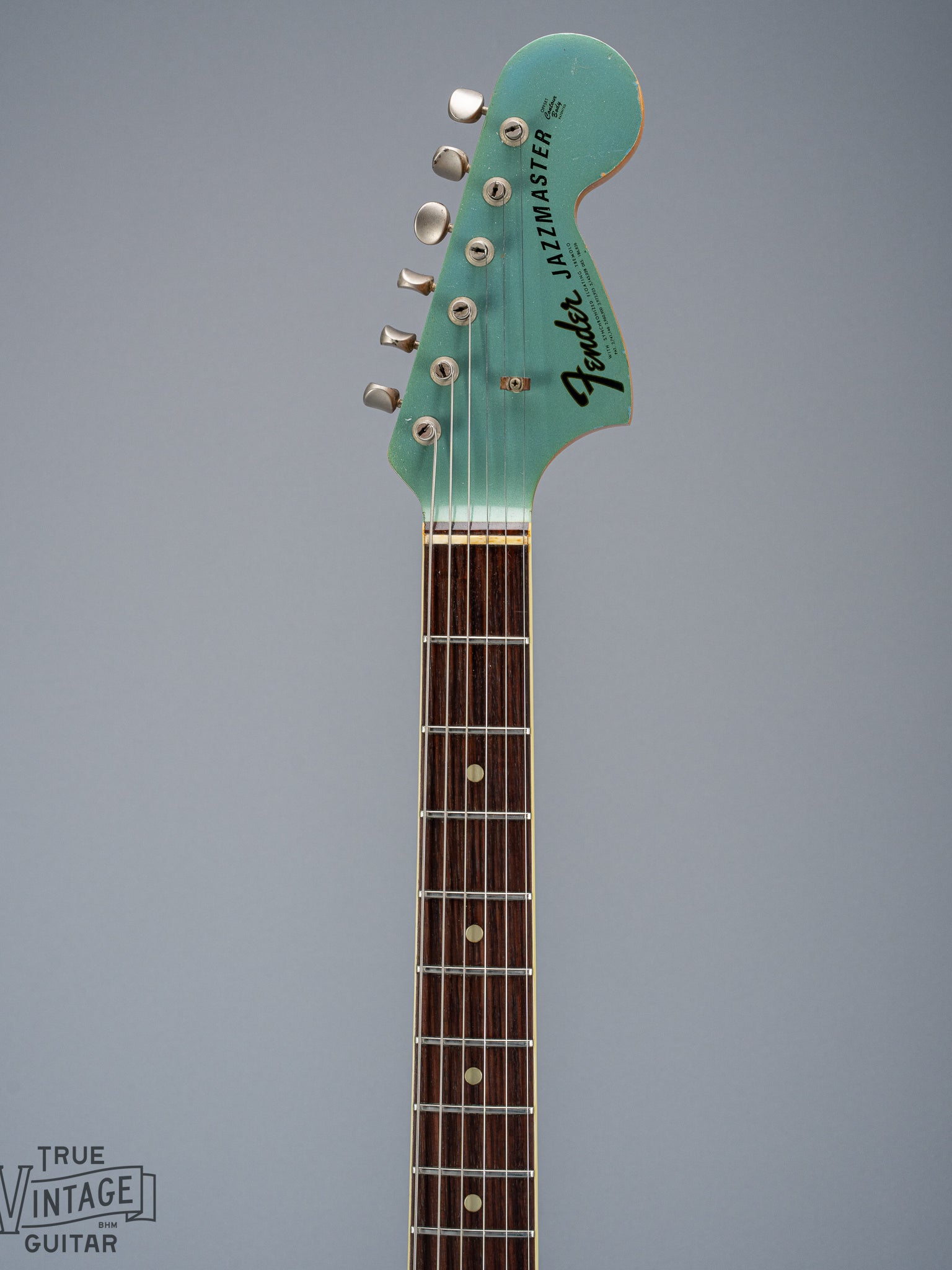 Front of 1966 Fender Jazzmaster Blue Ice Metallic Custom Color Guitar neck and matching headstock