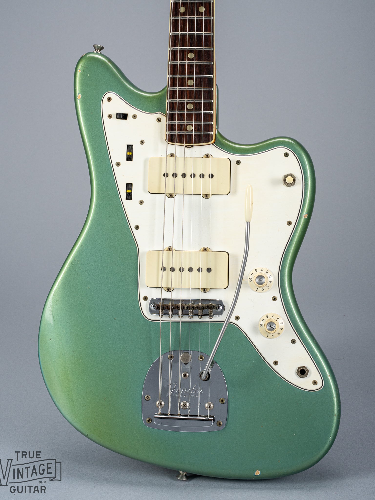 Front of 1966 Fender Jazzmaster Blue Ice Metallic Custom Color Guitar pickups controls hardware