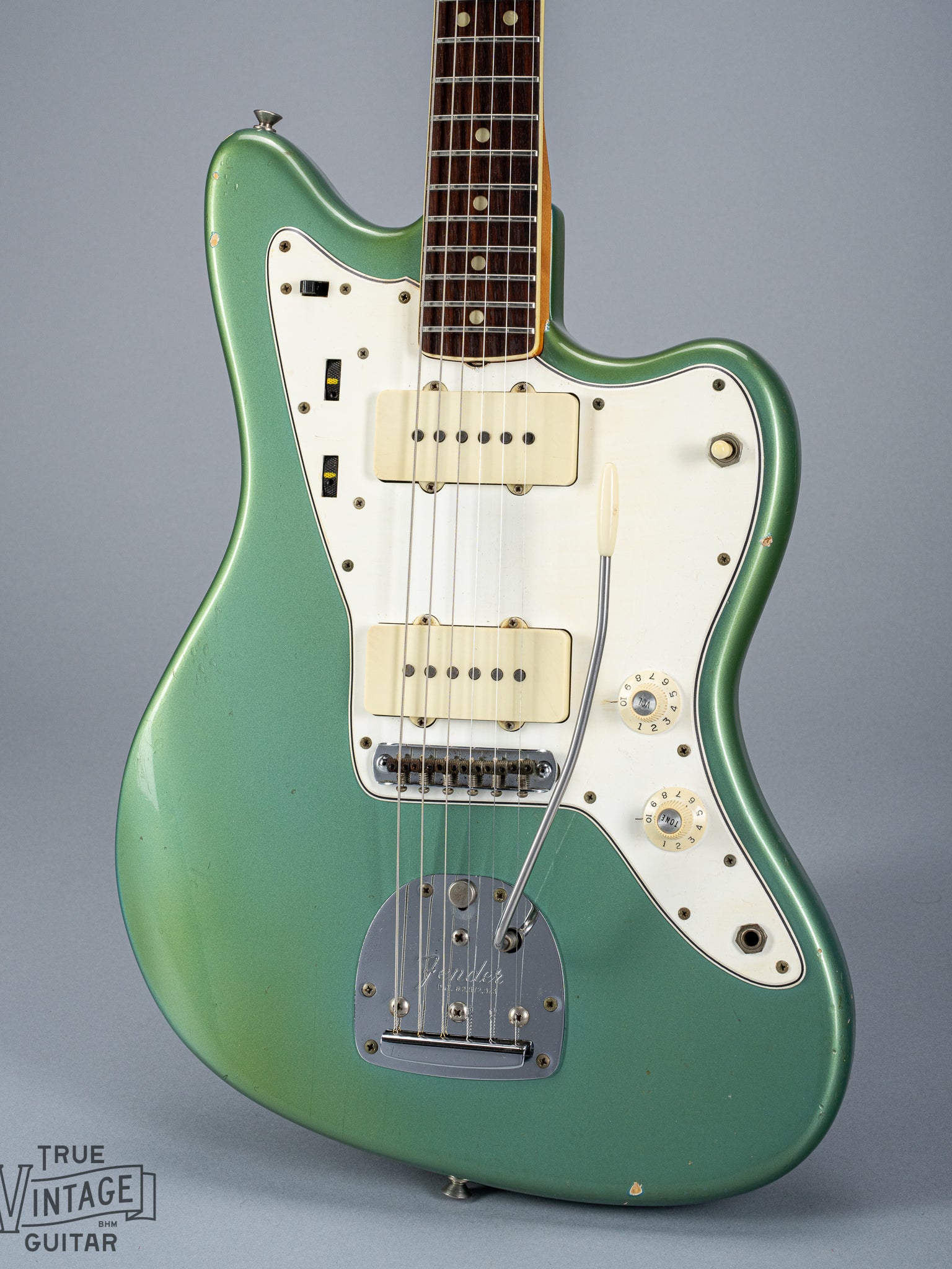 Front of 1966 Fender Jazzmaster Blue Ice Metallic Custom Color Guitar pickups controls hardware