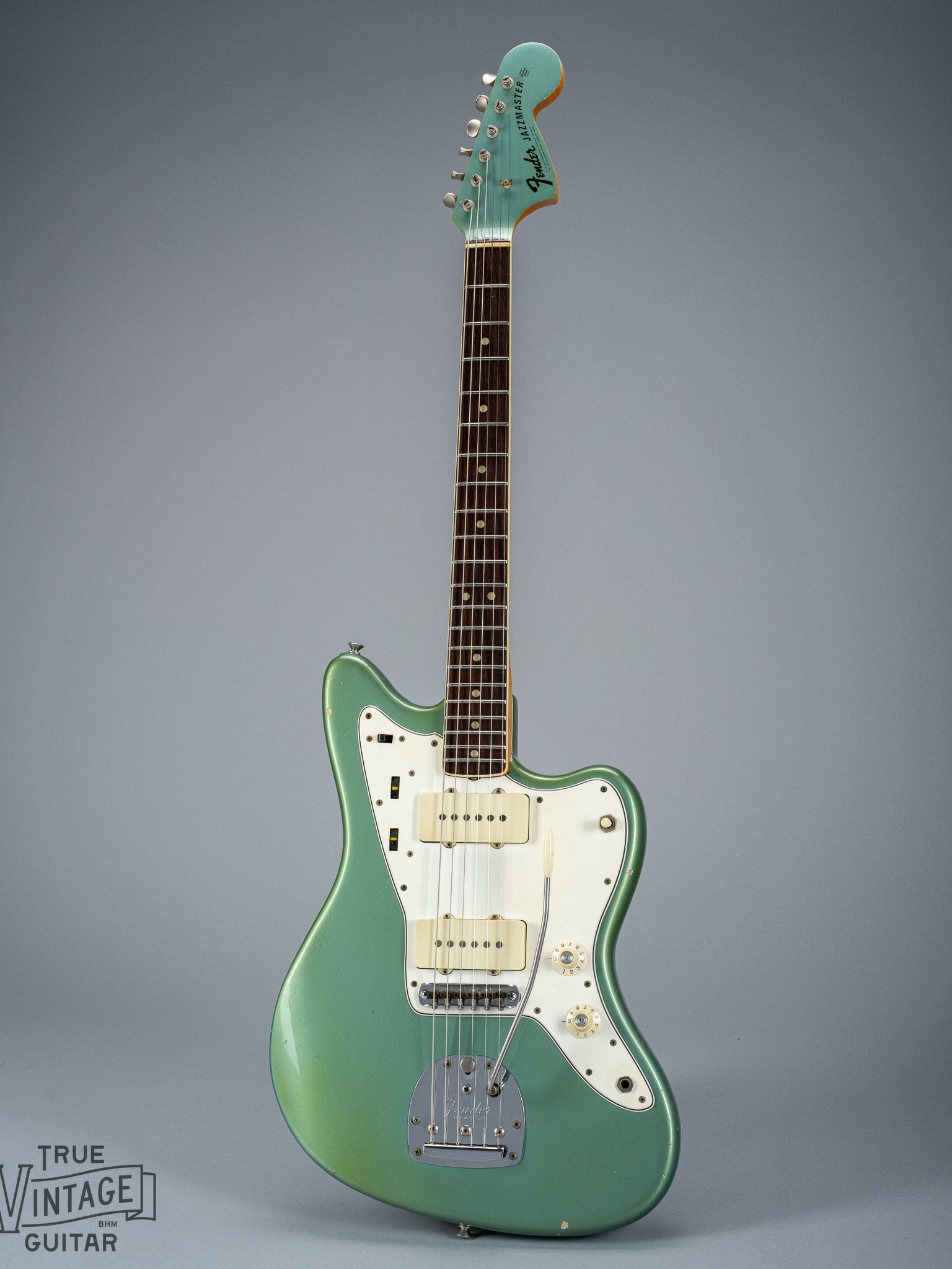 Front of 1966 Fender Jazzmaster Blue Ice Metallic Custom Color Guitar pickups controls hardware neck fretboard headstock matching headstock