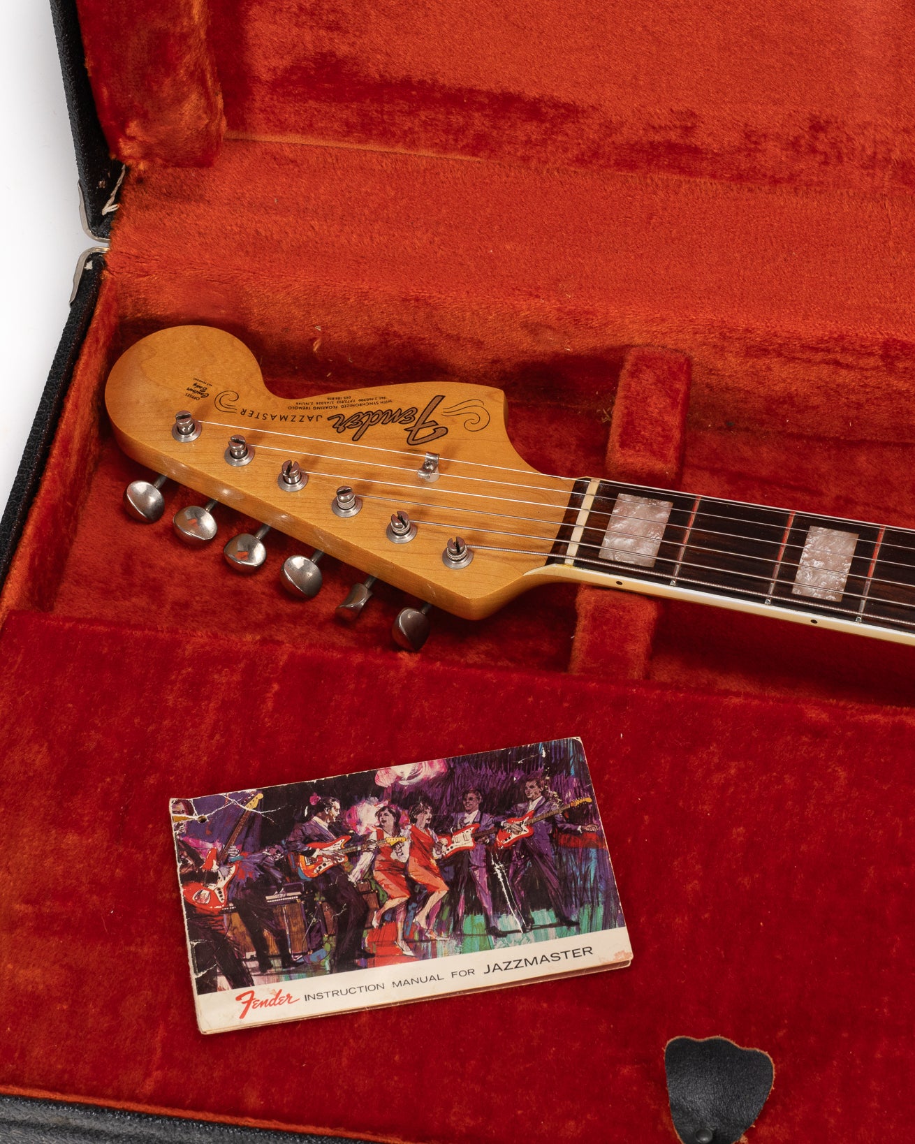 Front of 1967 Fender Jazzmaster Sunburst Headstock and Hangtag in Original Case