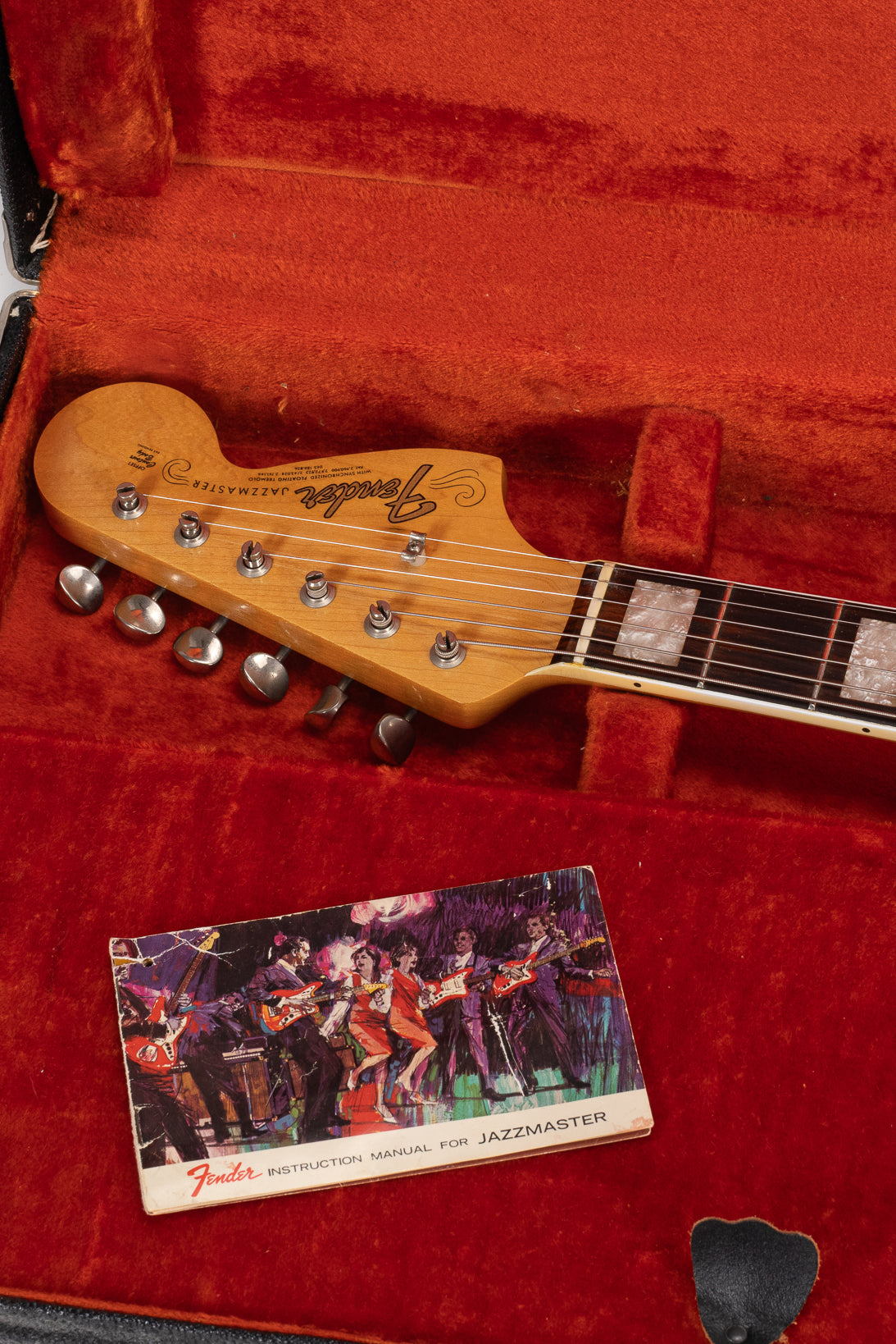 Front of 1967 Fender Jazzmaster Sunburst Headstock and Hangtag in Original Case