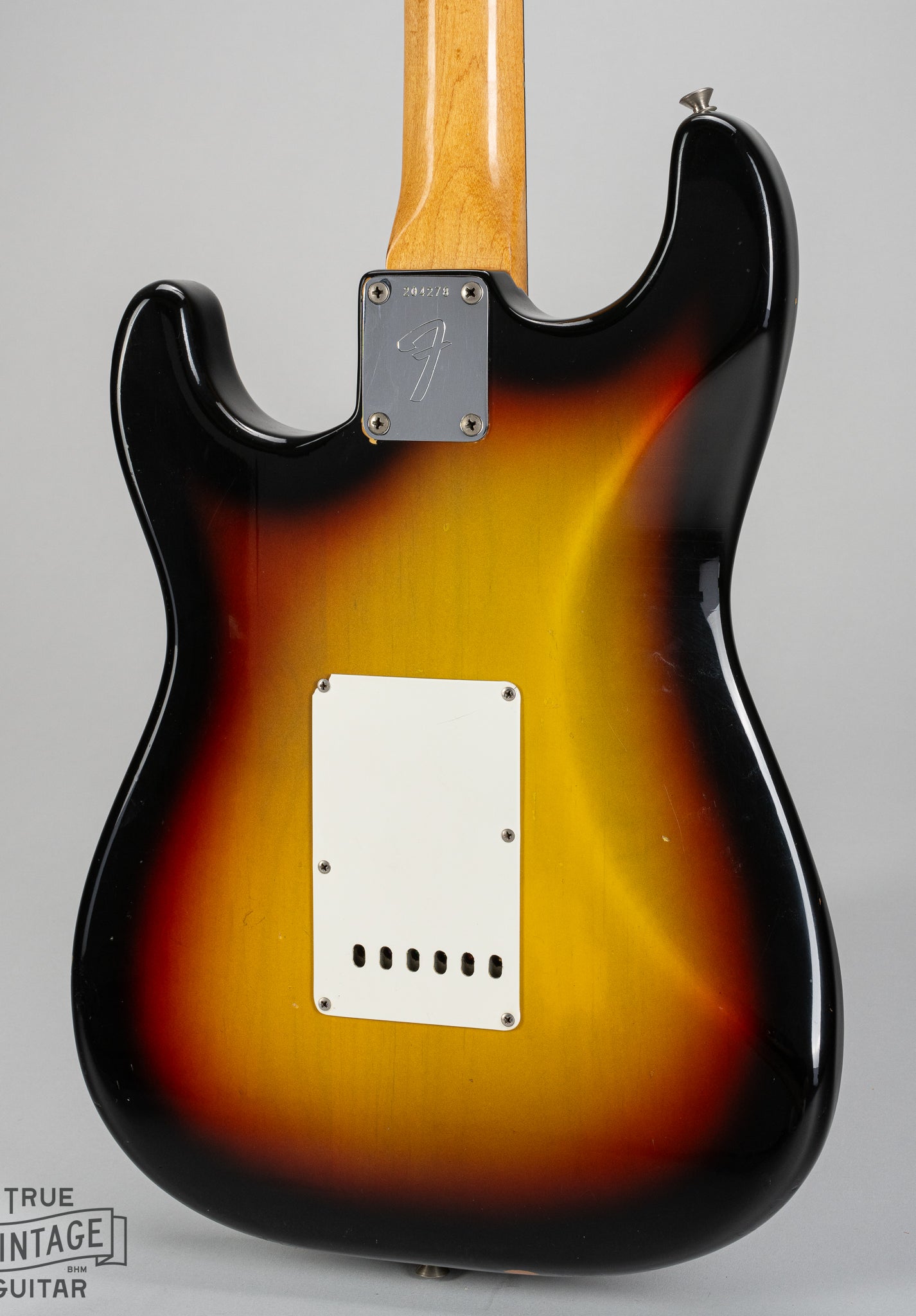 1967 fender Stratocaster Sunburst guitar body back "F" neck plate tremolo cover