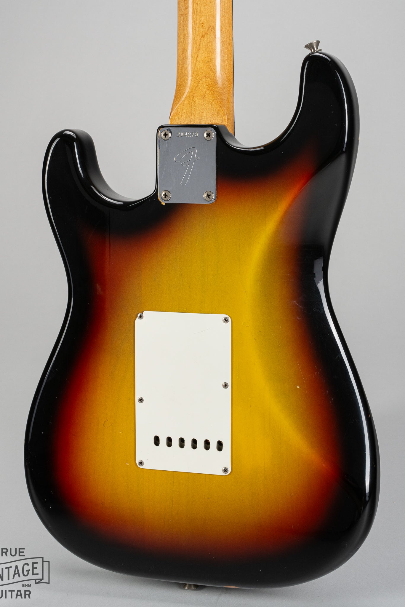 1967 fender Stratocaster Sunburst guitar body back "F" neck plate tremolo cover