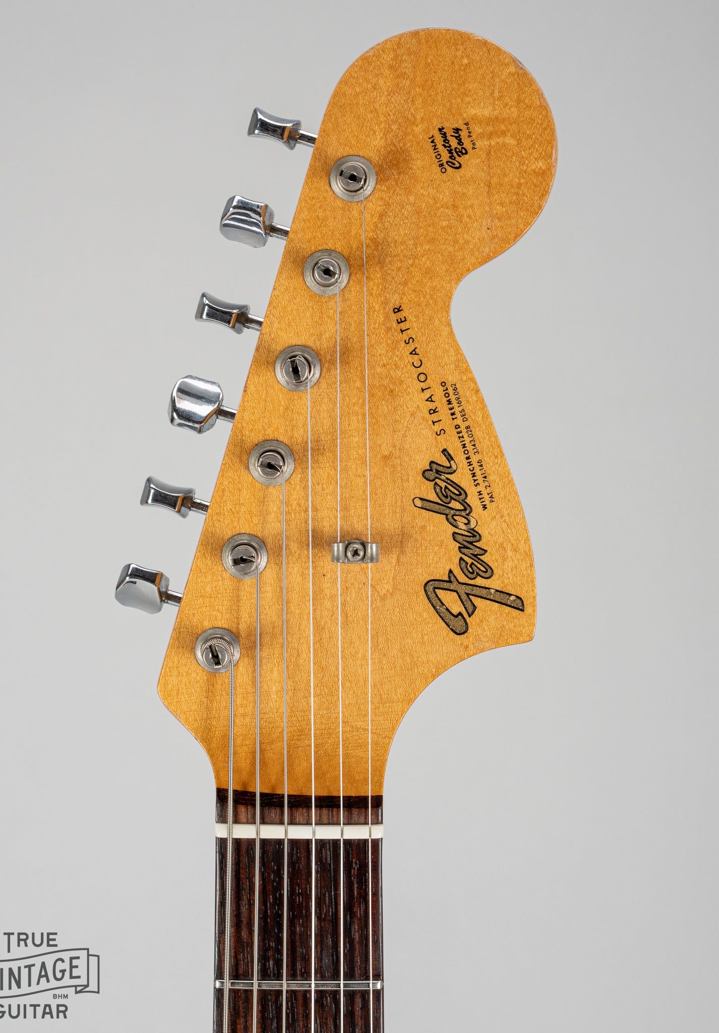 1967 fender Stratocaster Sunburst guitar front of headstock nut tuners and logo