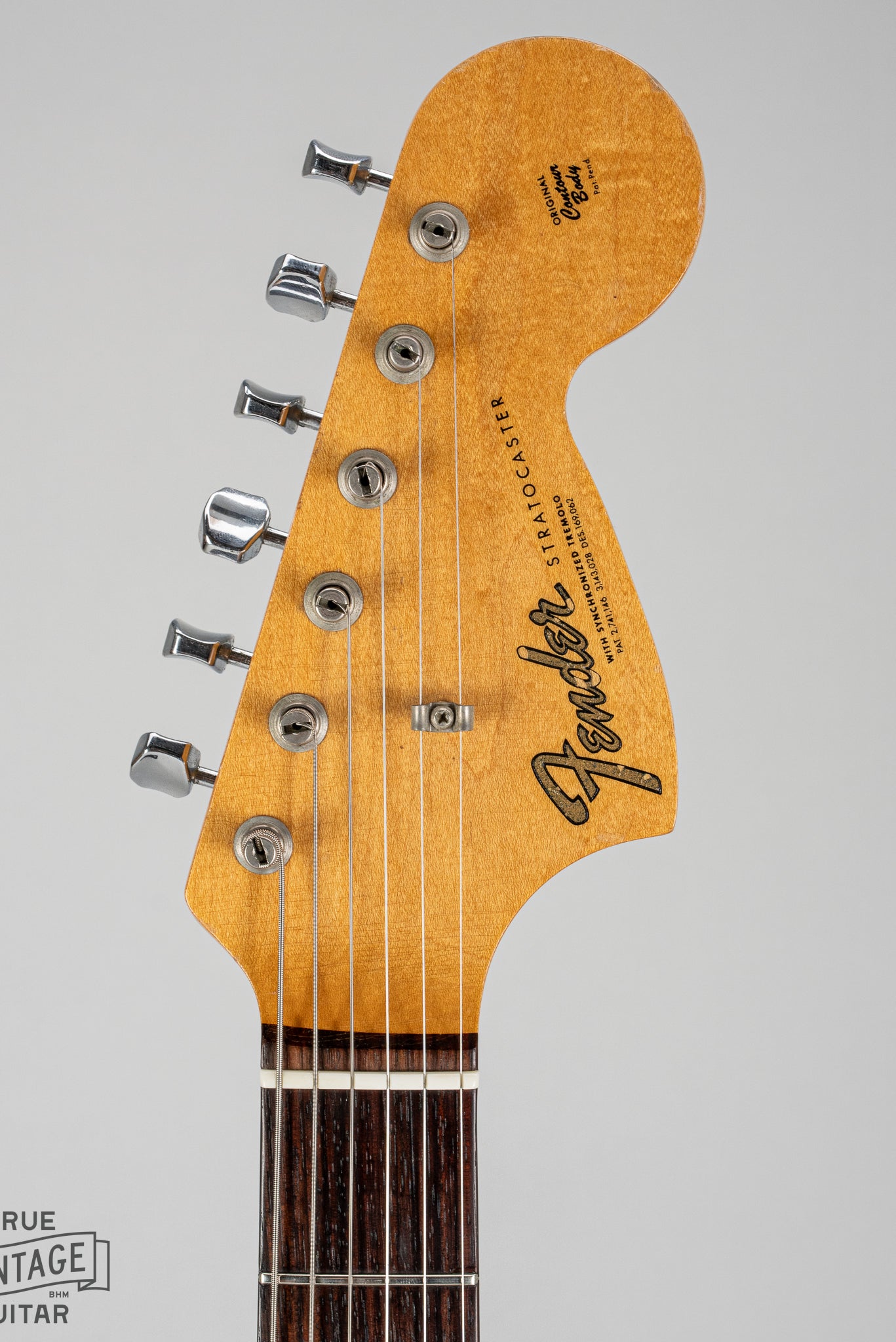 1967 fender Stratocaster Sunburst guitar front of headstock nut tuners and logo