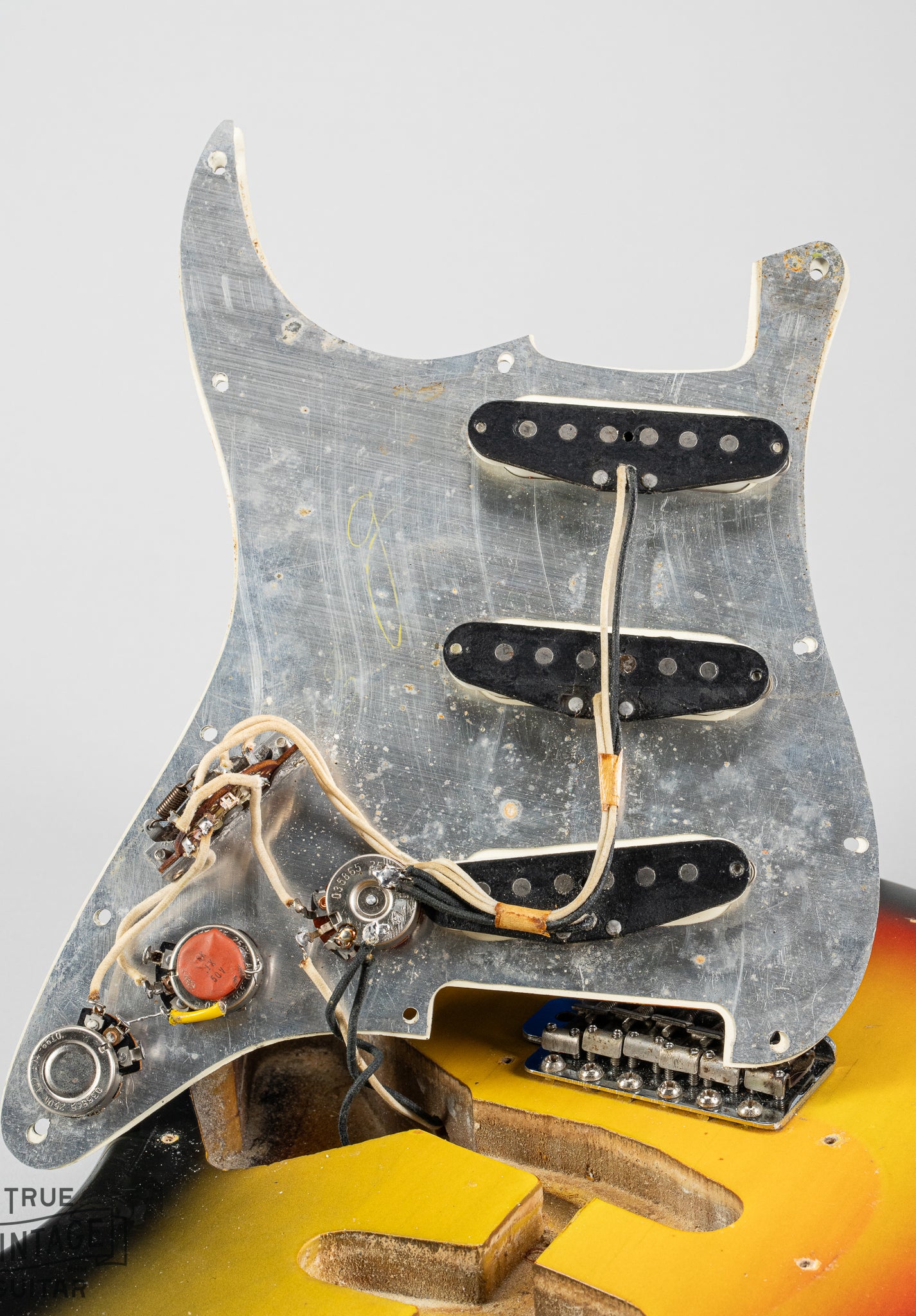 1967 fender Stratocaster Sunburst guitar body tortoise shell pickguard pots, wiring, pickups, switch.
