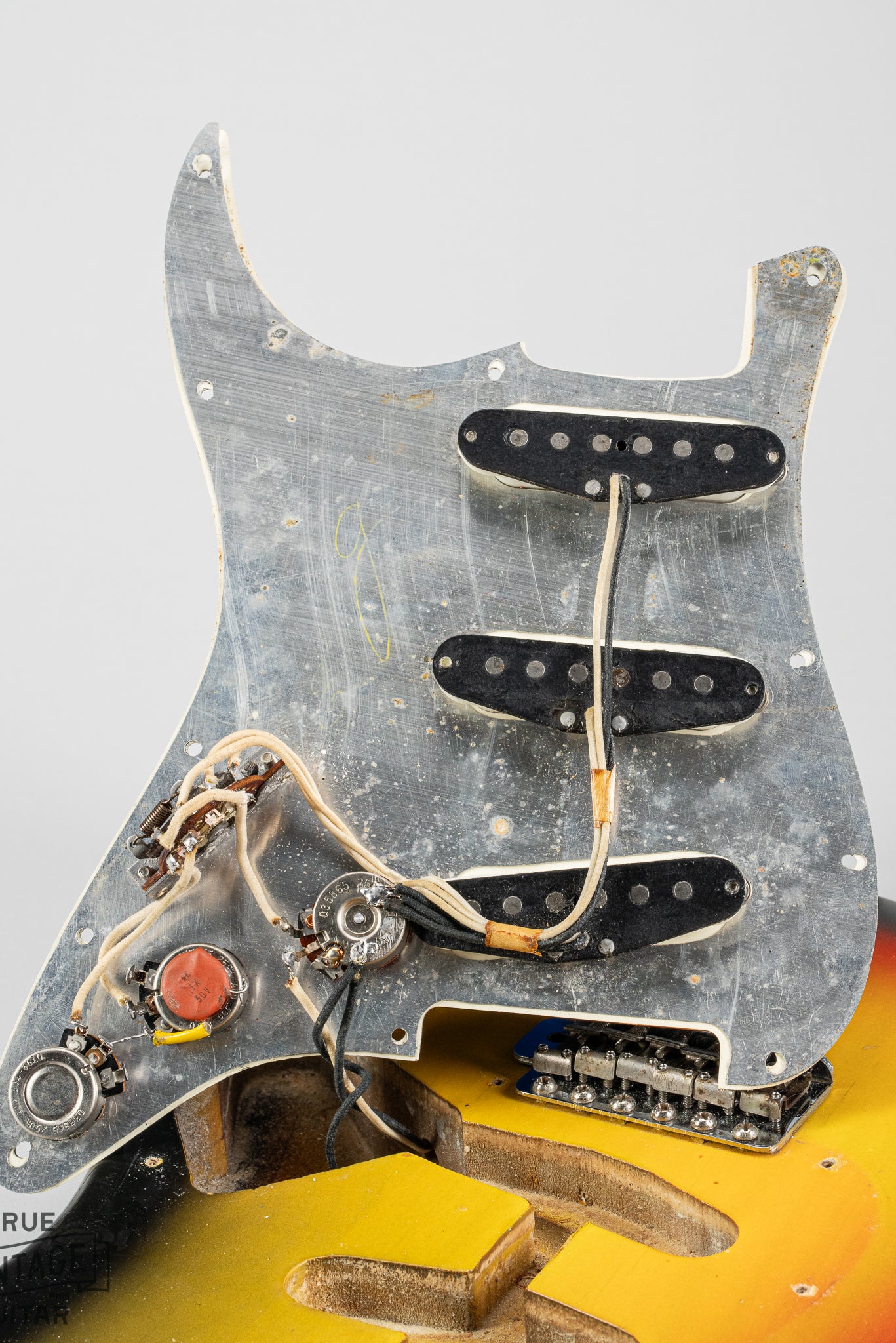 1967 fender Stratocaster Sunburst guitar body tortoise shell pickguard pots, wiring, pickups, switch.