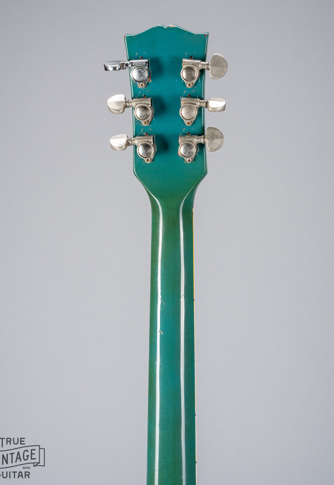 back of Vintage 1971 Gibson SG Standard headstock and neck in custom color blue turquoise finish with stereo varitone switch