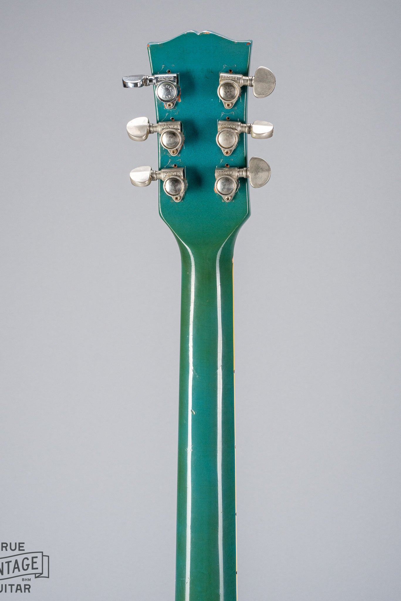 back of Vintage 1971 Gibson SG Standard headstock and neck in custom color blue turquoise finish with stereo varitone switch