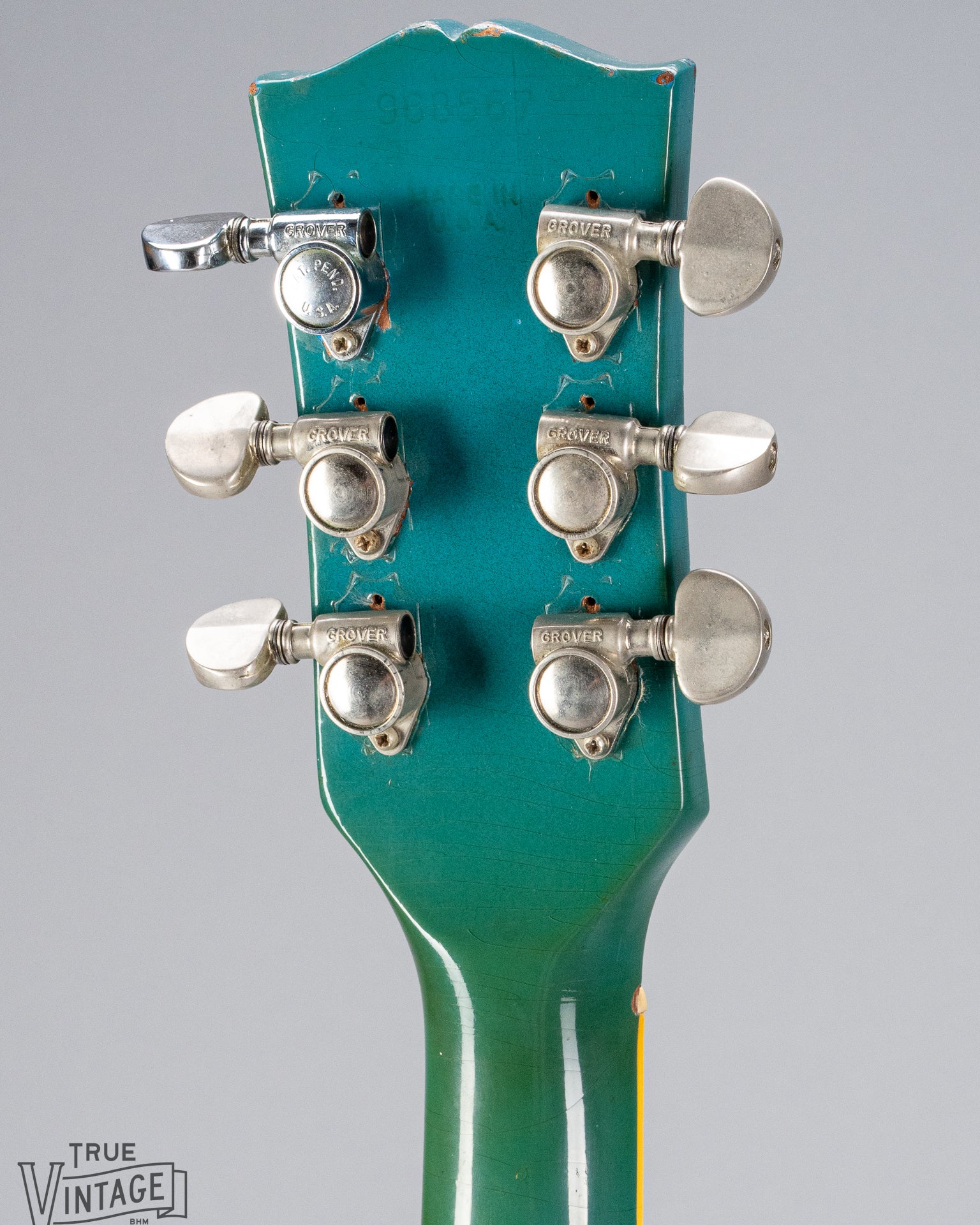 Back of 1971 Gibson SG Standard blue custom color headstock replaced grover tuners