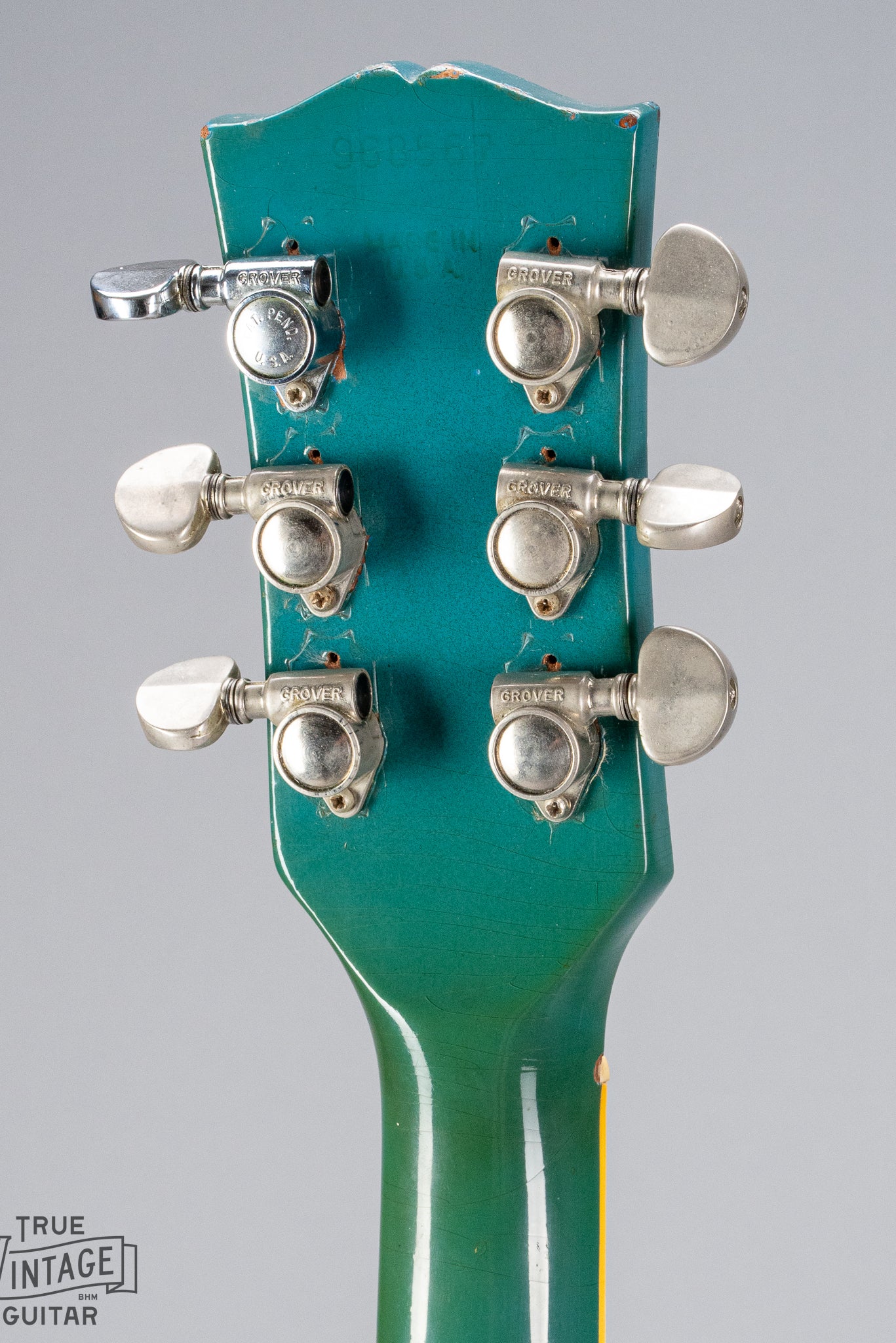 Back of 1971 Gibson SG Standard blue custom color headstock replaced grover tuners