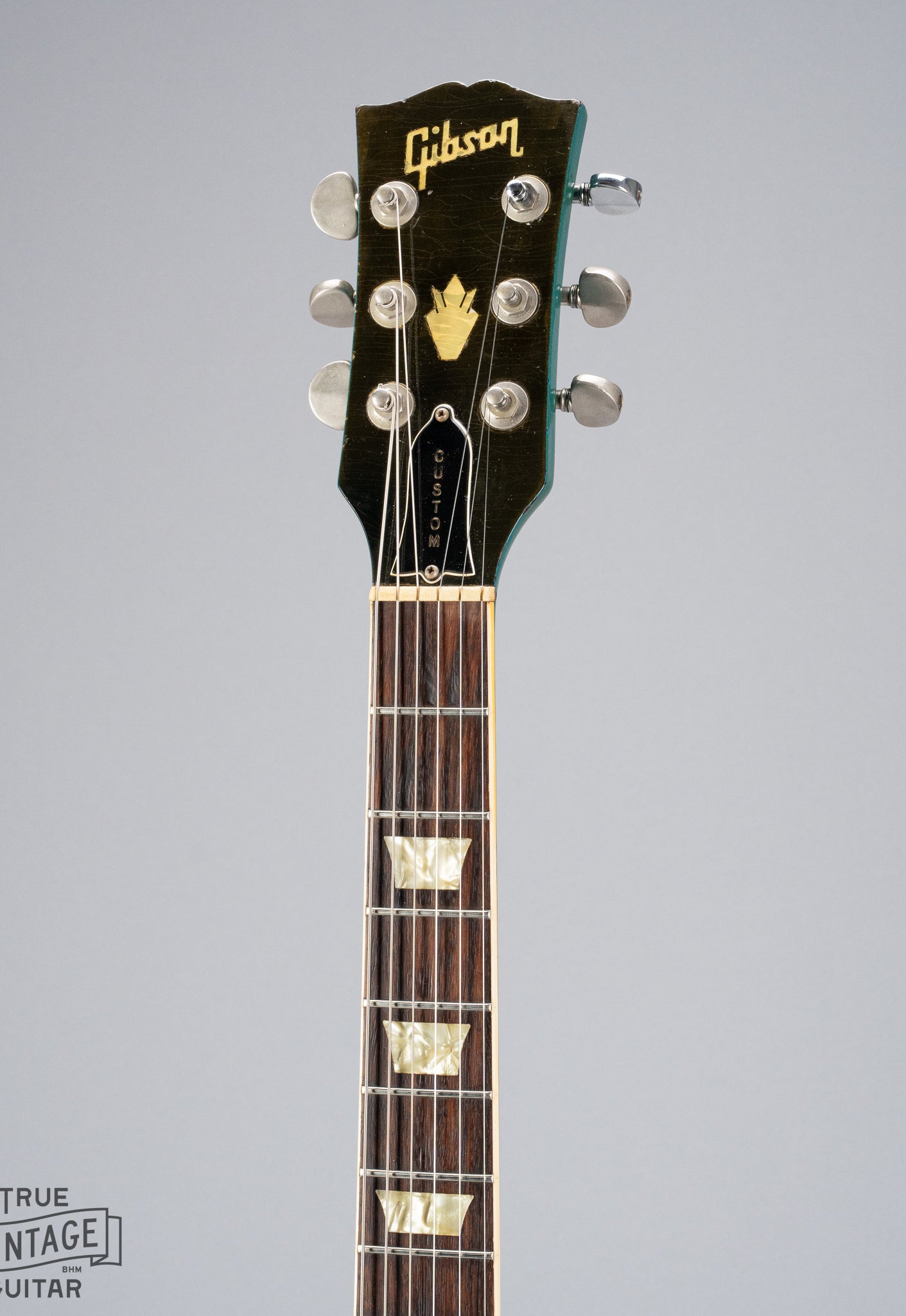 Vintage 1971 Gibson SG Standard headstock neck and fretboard in custom color blue turquoise finish with stereo varitone switch