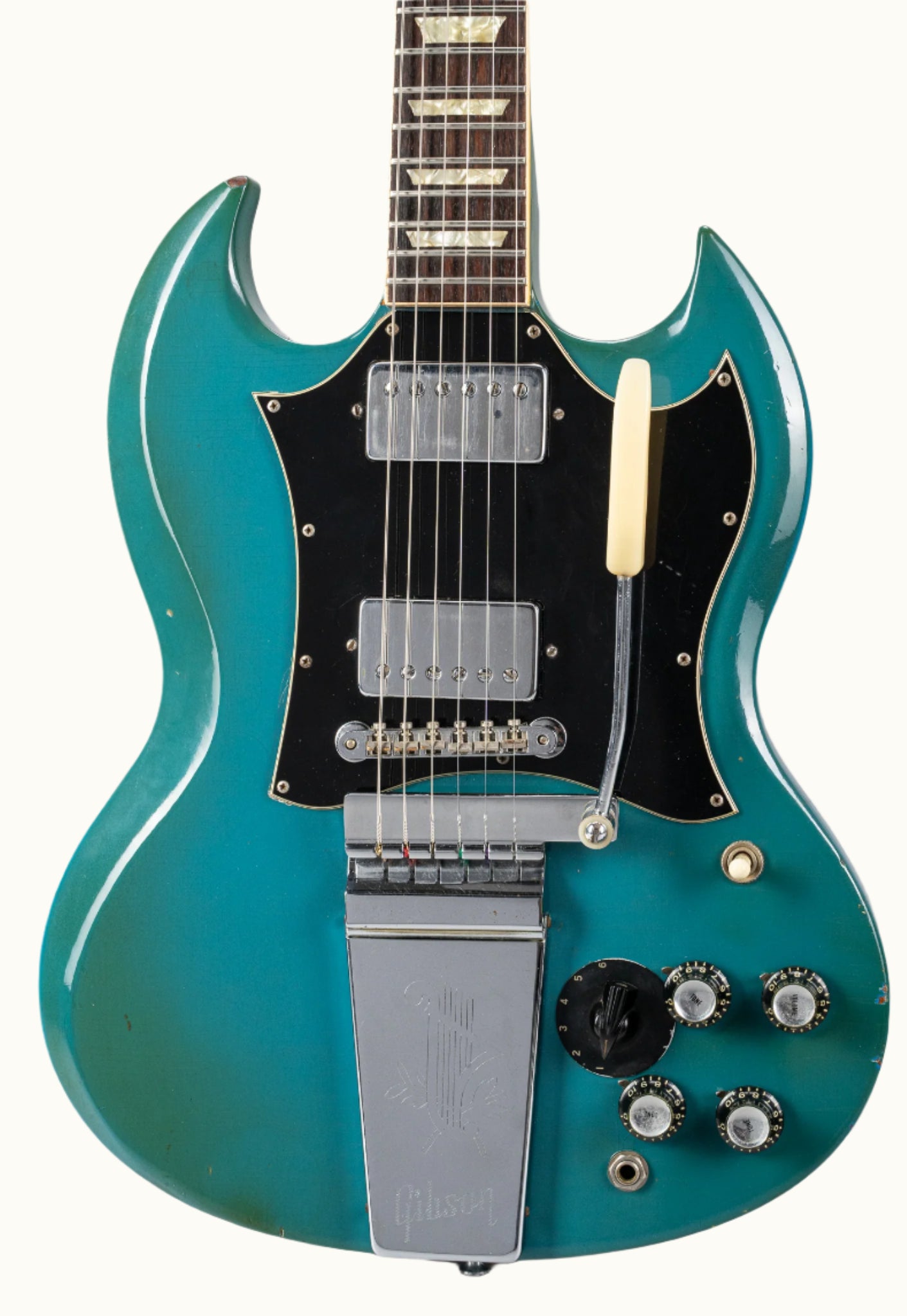Vintage 1971 Gibson SG Standard body in custom color blue turquoise finish with stereo varitone switch.