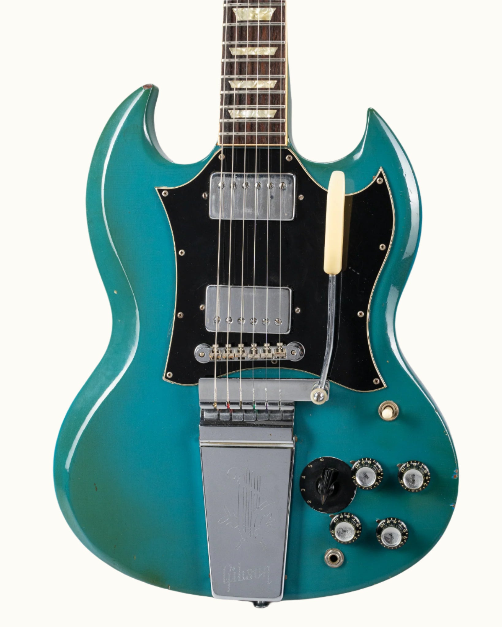 Vintage 1971 Gibson SG Standard body in custom color blue turquoise finish with stereo varitone switch.