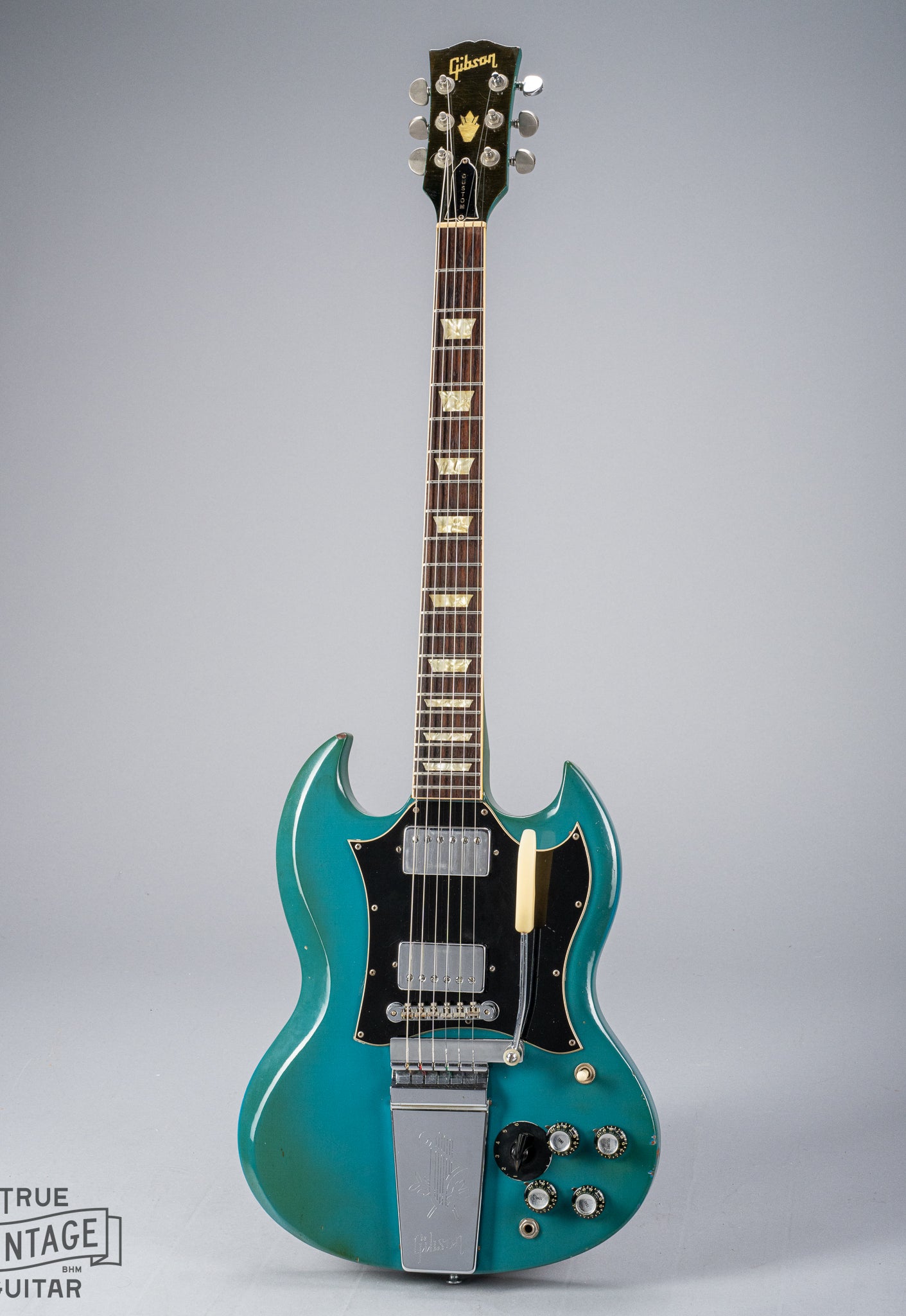 Full vertical picture of the 1971 Gibson SG Standard blue turquoise custom finish electric guitar