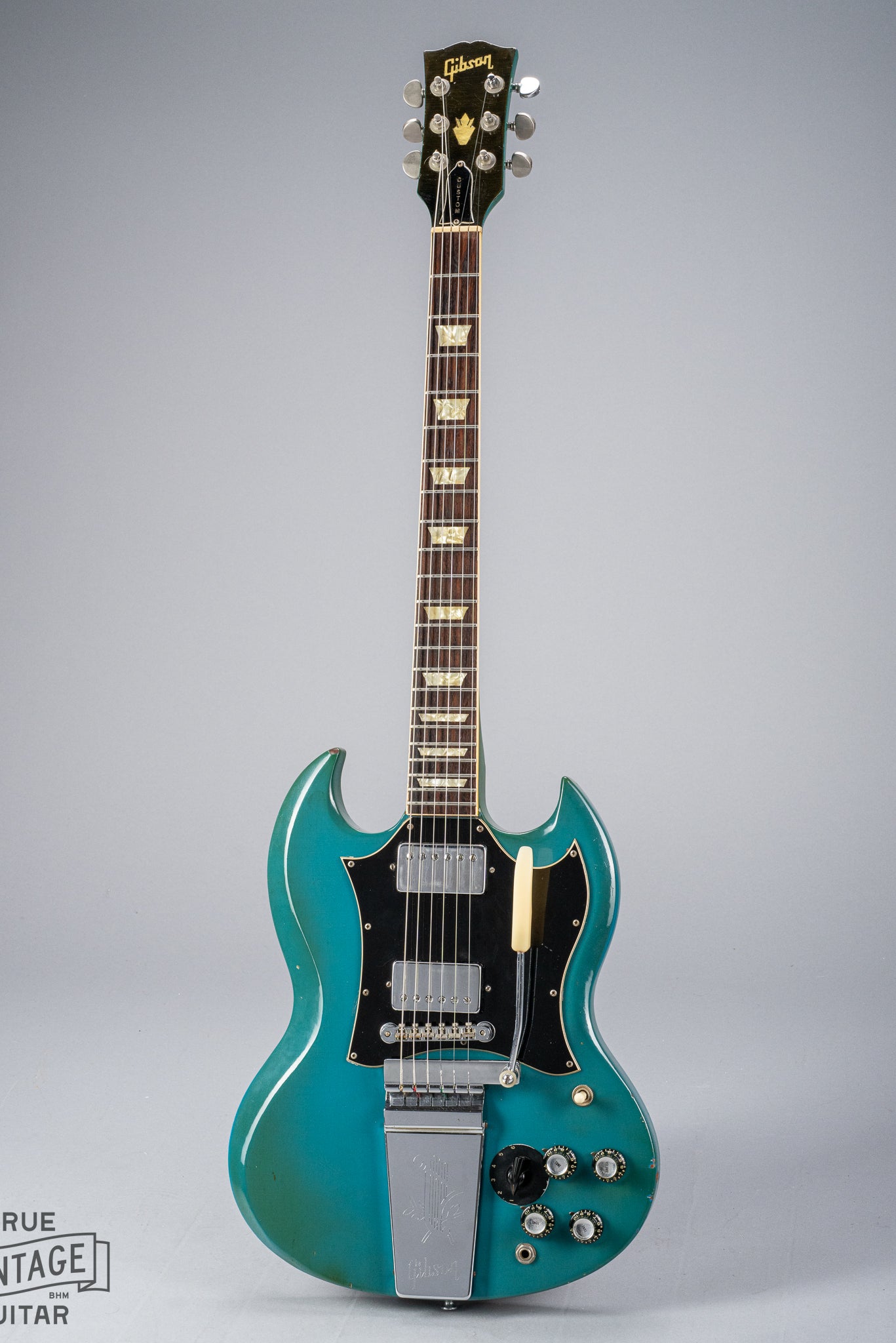 Full vertical picture of the 1971 Gibson SG Standard blue turquoise custom finish electric guitar